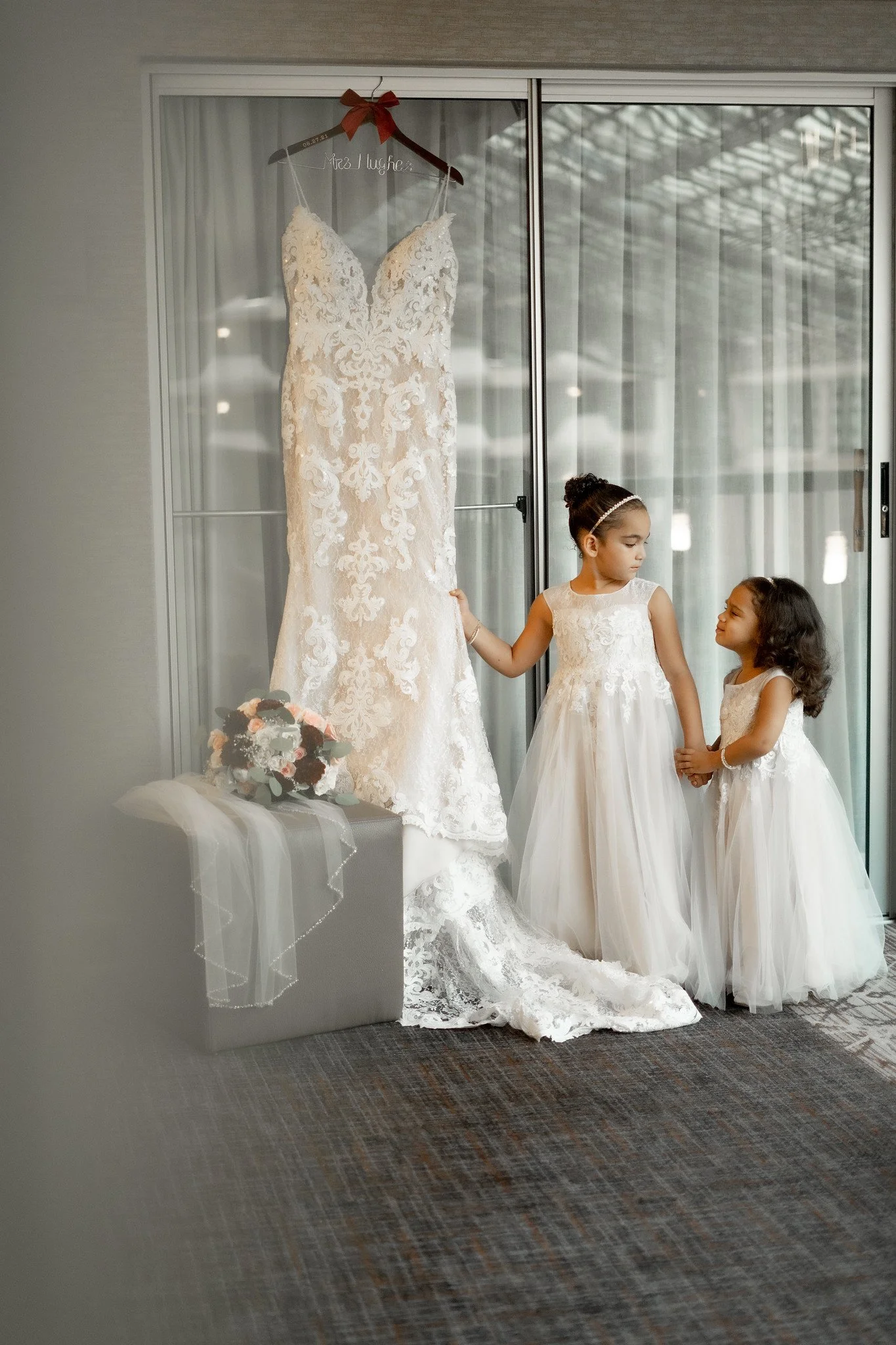 flower girls and wedding gown