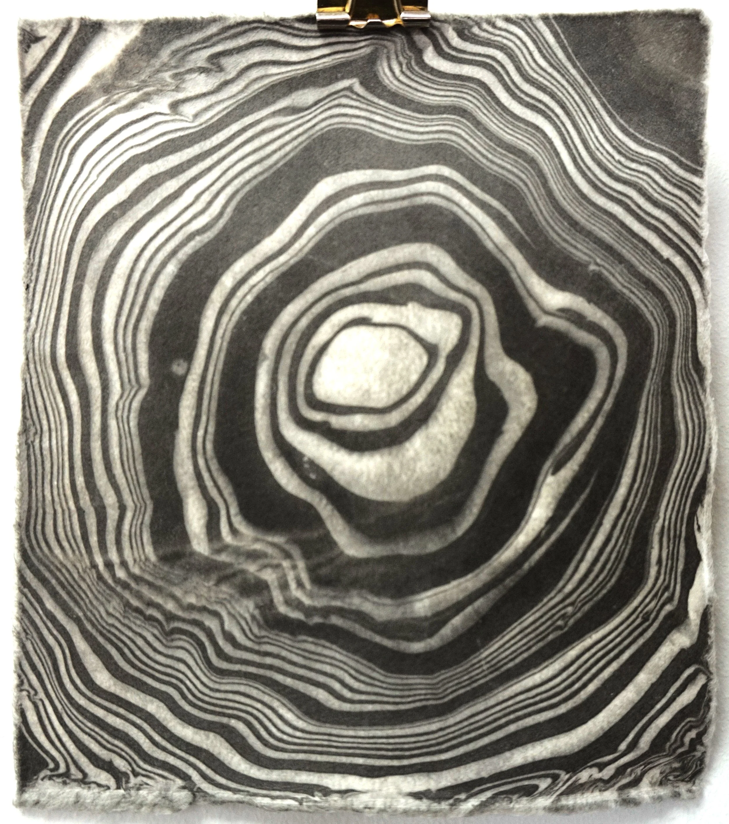Close-up of a black and white abstract pattern resembling concentric rings or geological formations.