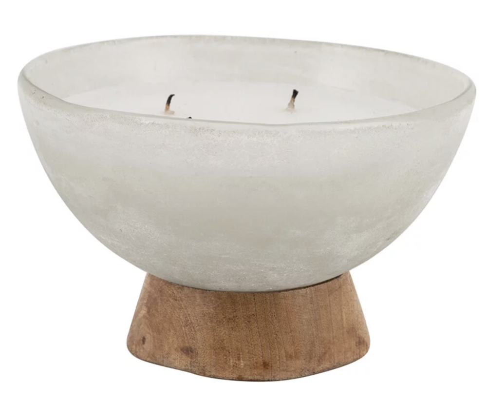 Wood Base Cloudy Glass Candle