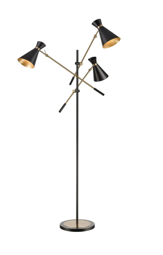 Chiron 3-Light Adjustable Floor Lamp In Black And Aged Brass With Black Metal Shades
