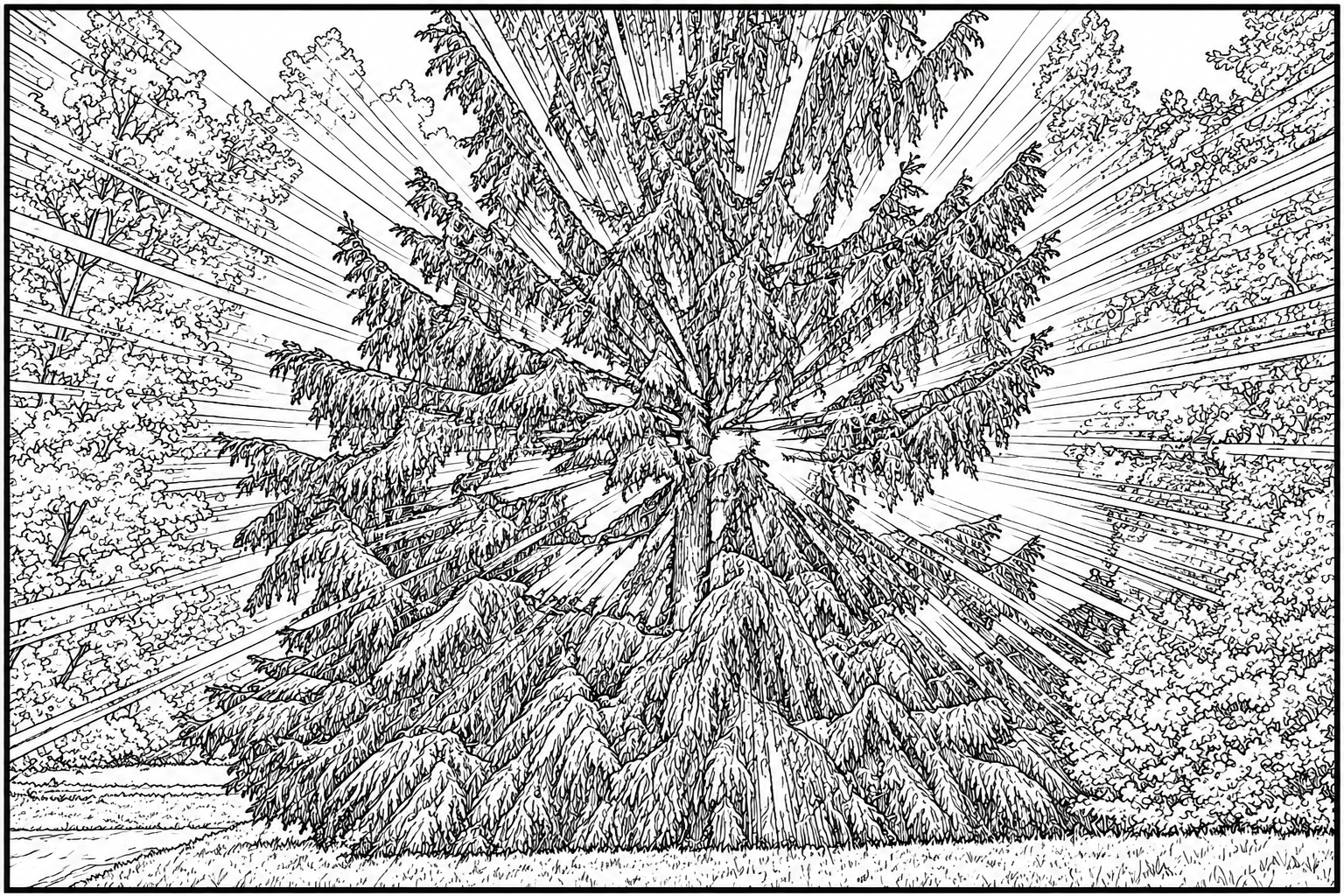 Radiant Sunburst Through Evergreen Trees.png