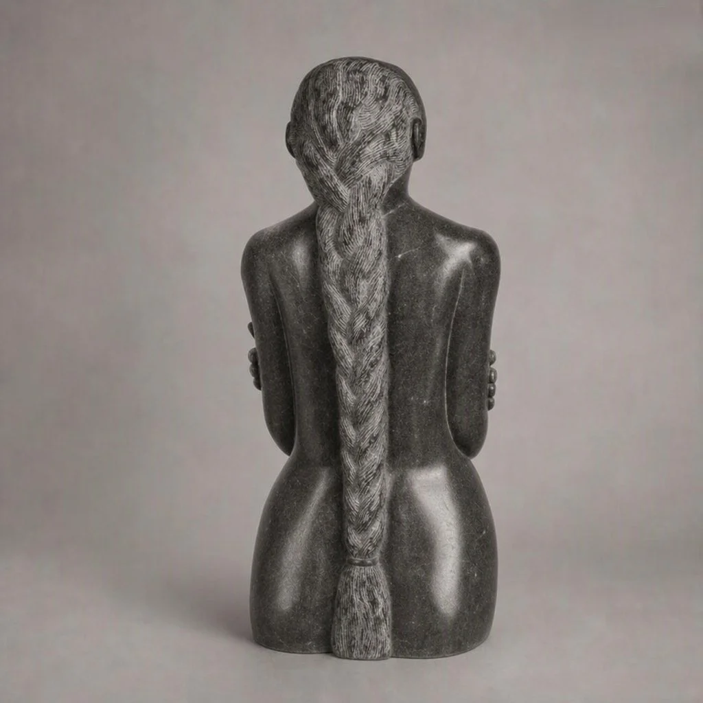 A view of a large, black, carved soapstone figure of a woman wailing. A long strand of braided hair hangs beyone her waist.