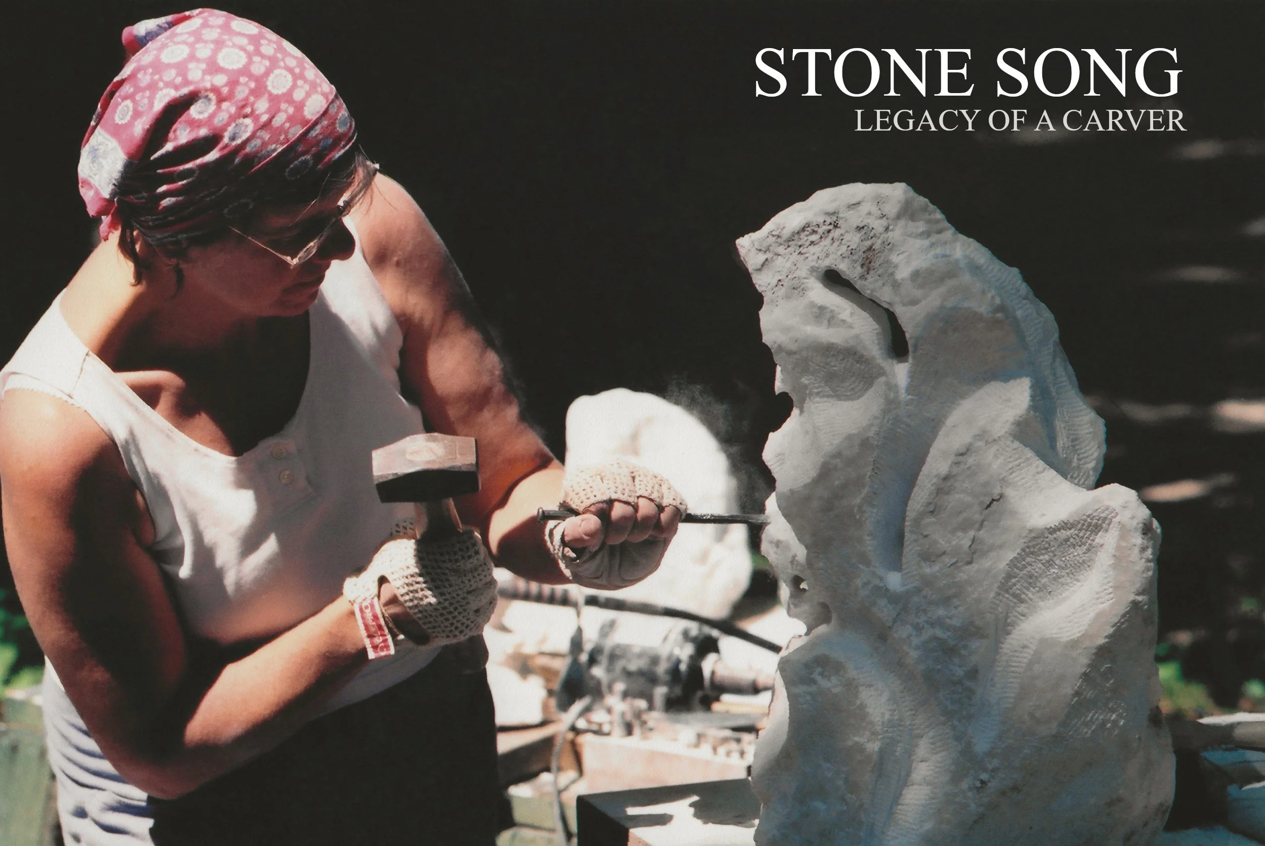 A book cover showing Ellen Sidor sculpting a large white stone with a hammer and chisel.