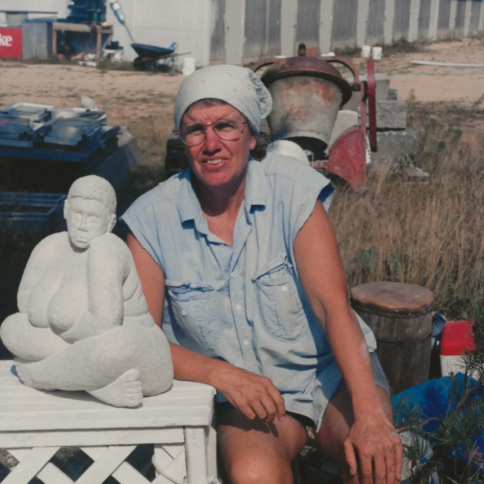 Ellen with her sculpture of a Rubenesque  woman