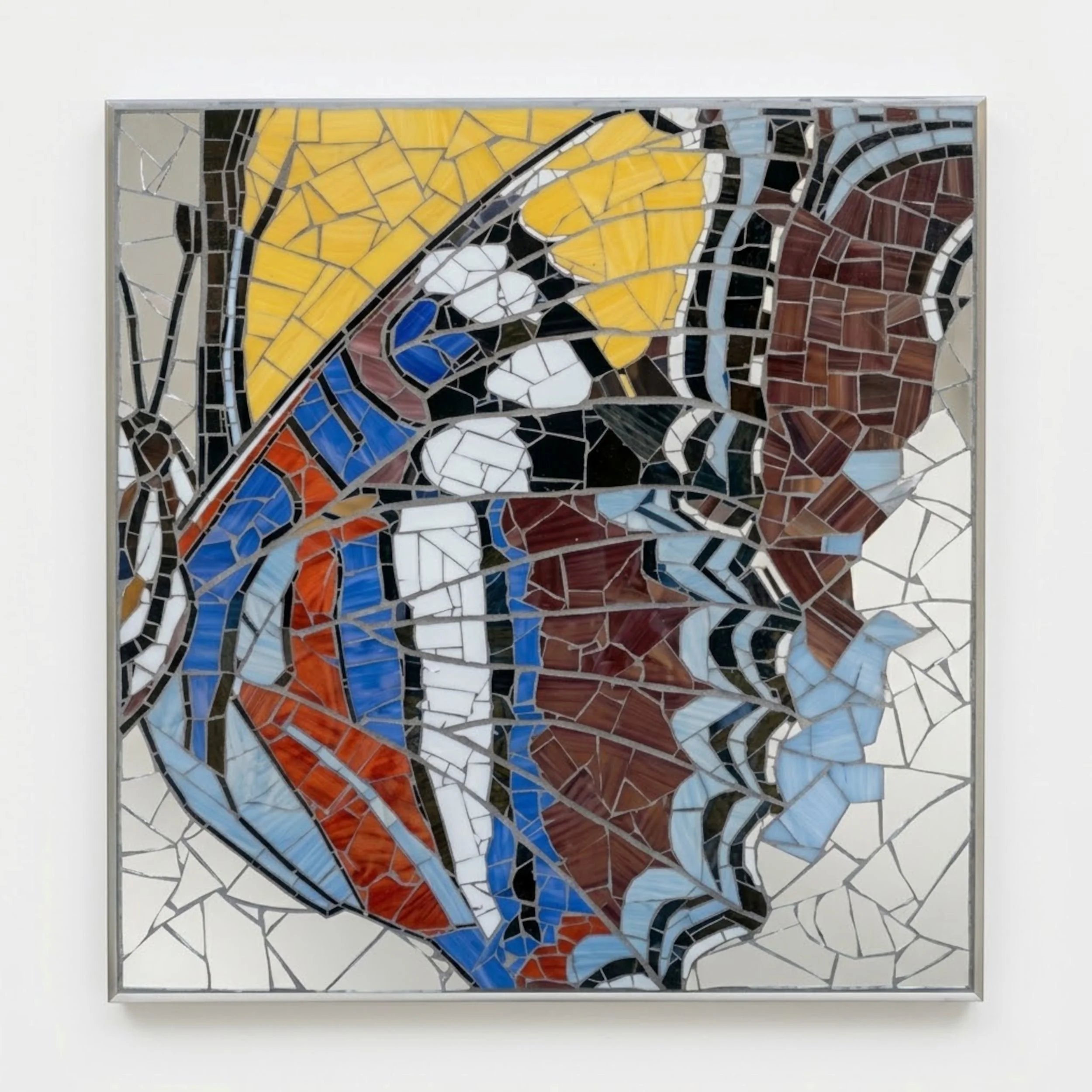 A colorful mosaic of a butterfly made from white, blue, yellow, black, and brown glass.