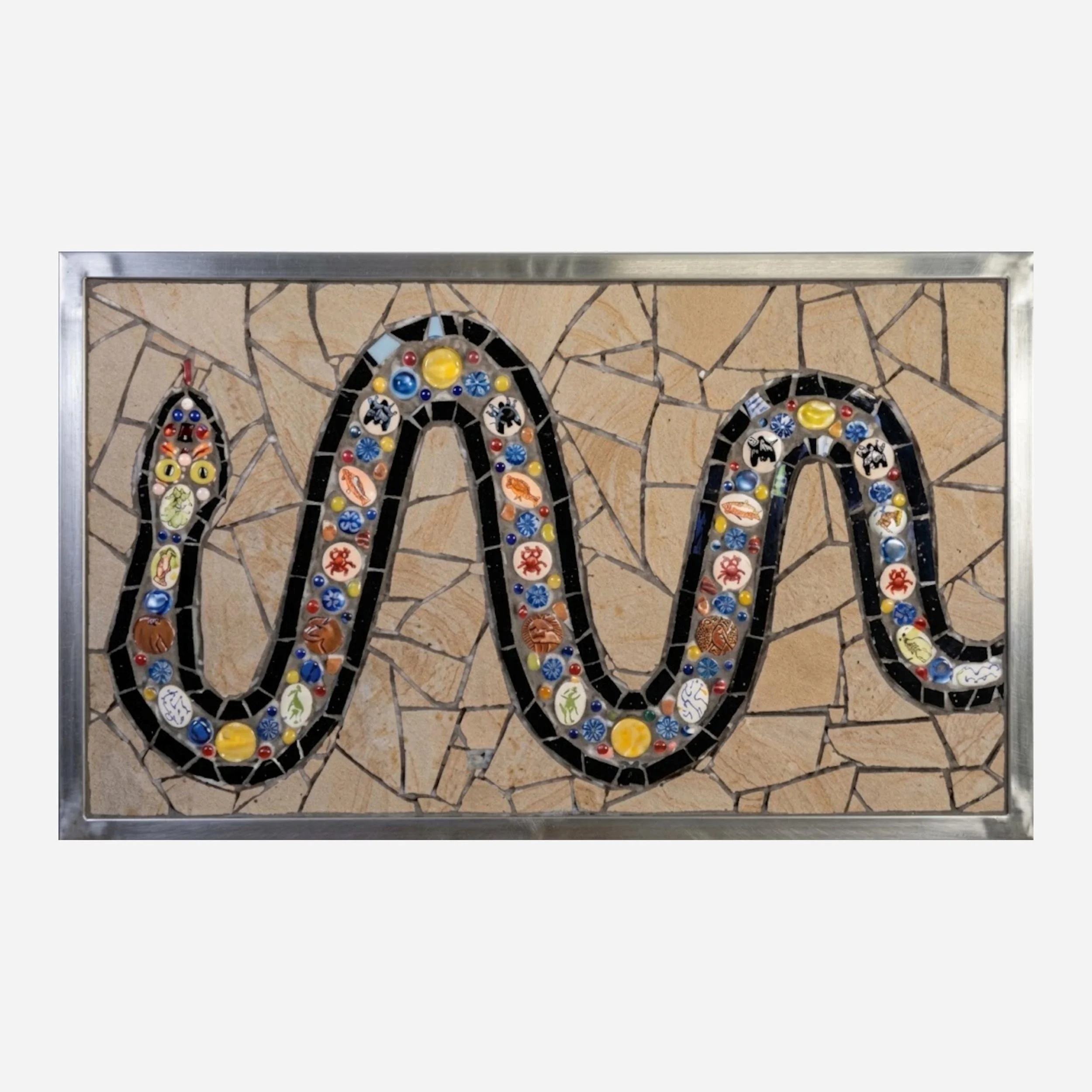 An metal framed abstract mosaic rendering of a snake with colorful tiles depicting bugs, eggs, and other things snakes eat.