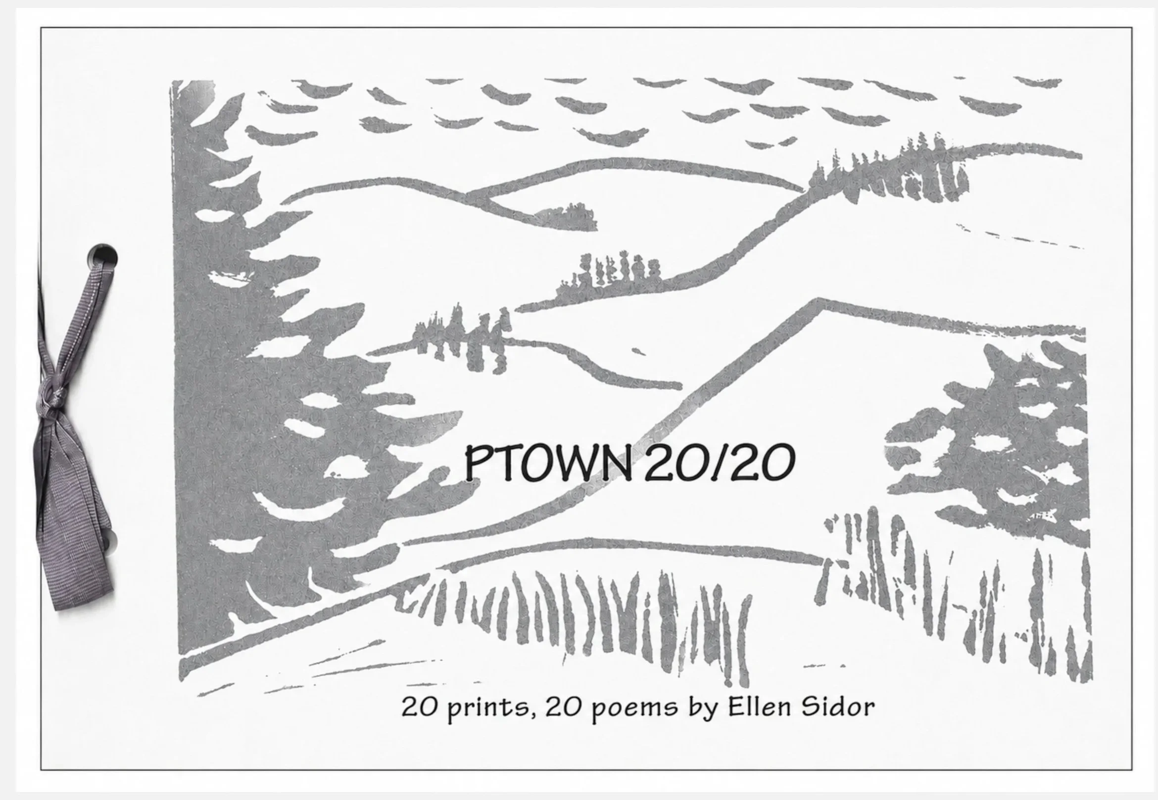 Book cover with hand drawn landscape, bound iwth a ribbon