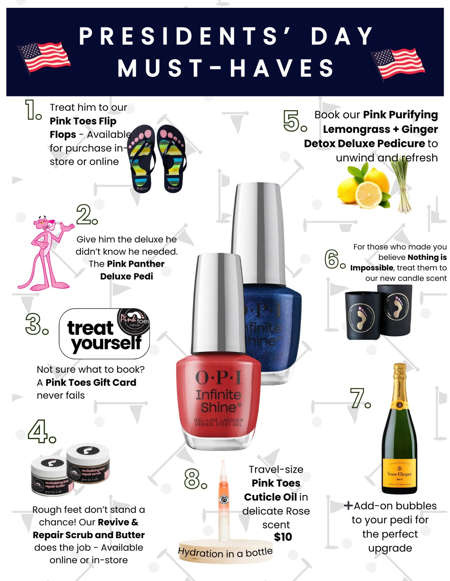 🇺🇸Presidents&rsquo; Day is the perfect excuse to treat him &mdash; or yourself. 💅👣
From deluxe pedicures to thoughtful add-ons and giftable favorites, we&rsquo;ve curated the must-haves that always deliver.
.
Walk-ins welcome!
Call us or book onl