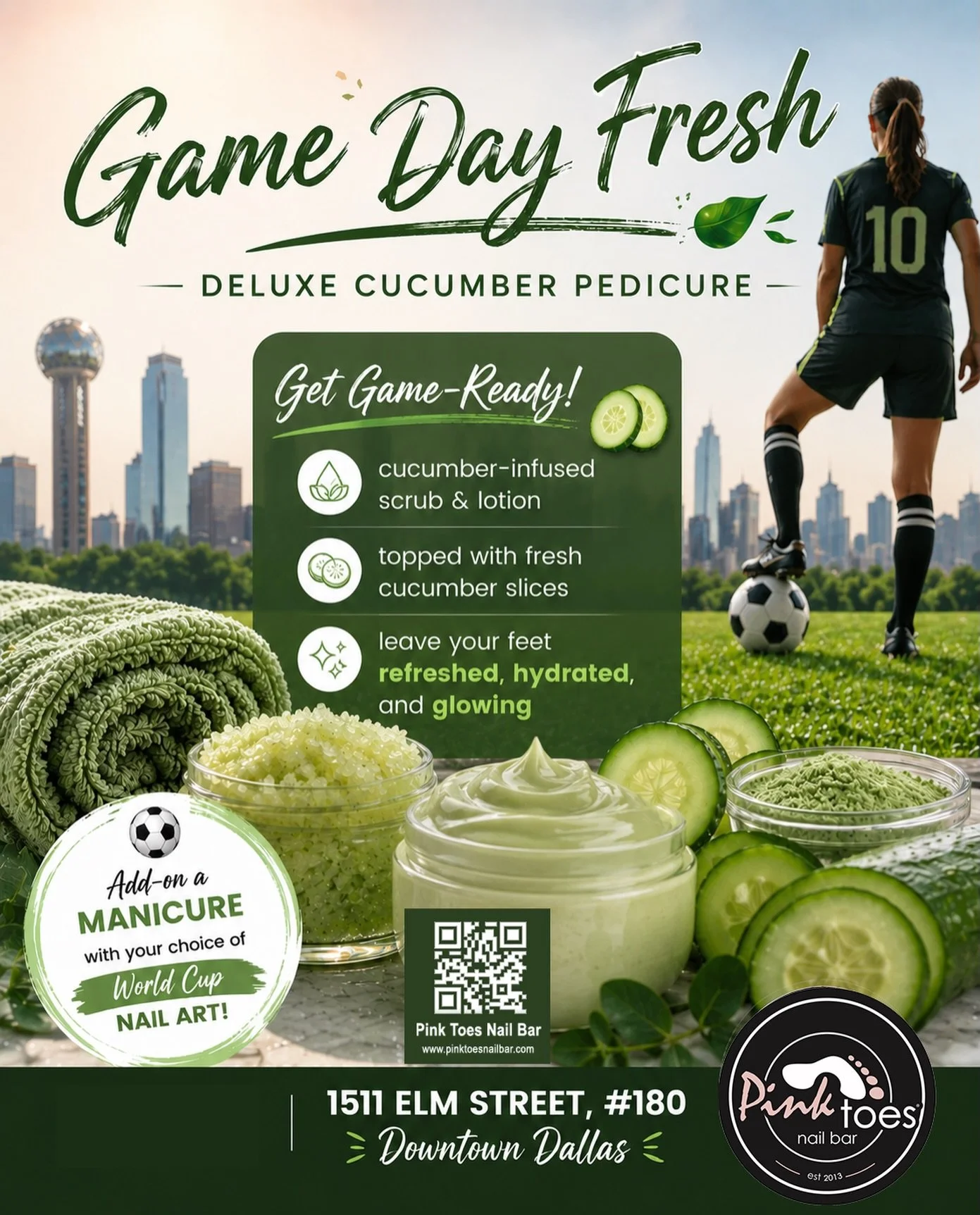 Get World Cup season ready with our limited-time &ldquo;Game Day Fresh&rdquo; Cucumber Melon Pedicure! Inspired by the excitement happening right here in Downtown Dallas, this refreshing treatment is designed to cool, hydrate, and revive tired feet.
