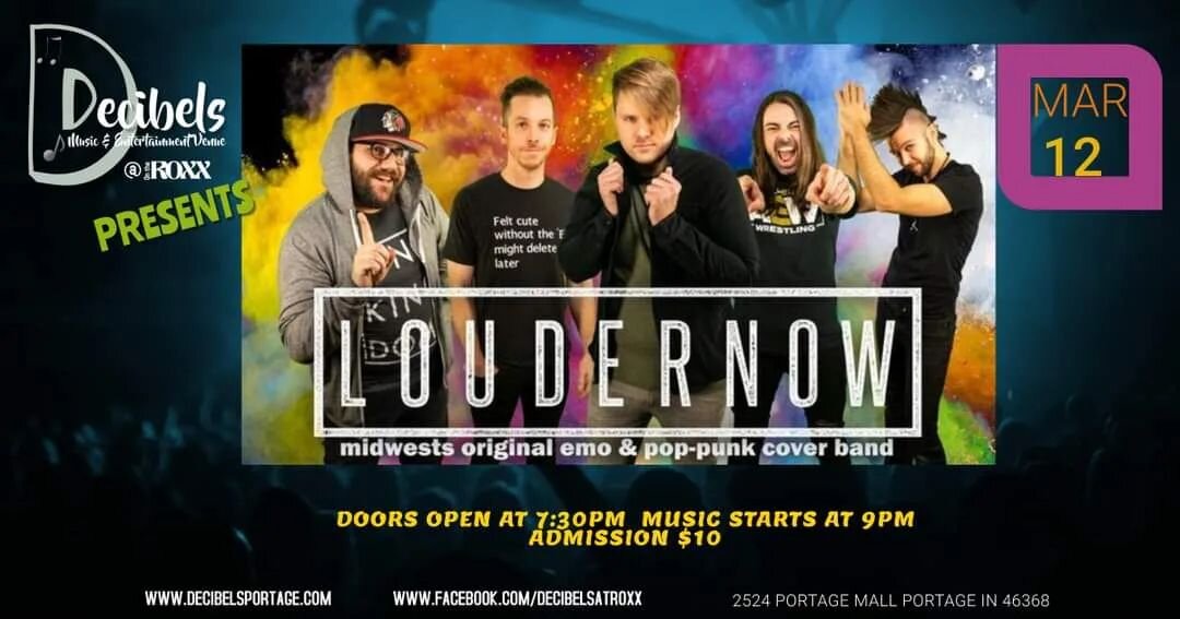 THIS SATURDAY NIGHT! 

Performing all over the midwest, LouderNow will bring you back to the glory days of skinny jeans, studded belts, eyeliner, band shirts, vans, and screaming along to all of your favorite emo and pop-punk songs. The scene is back