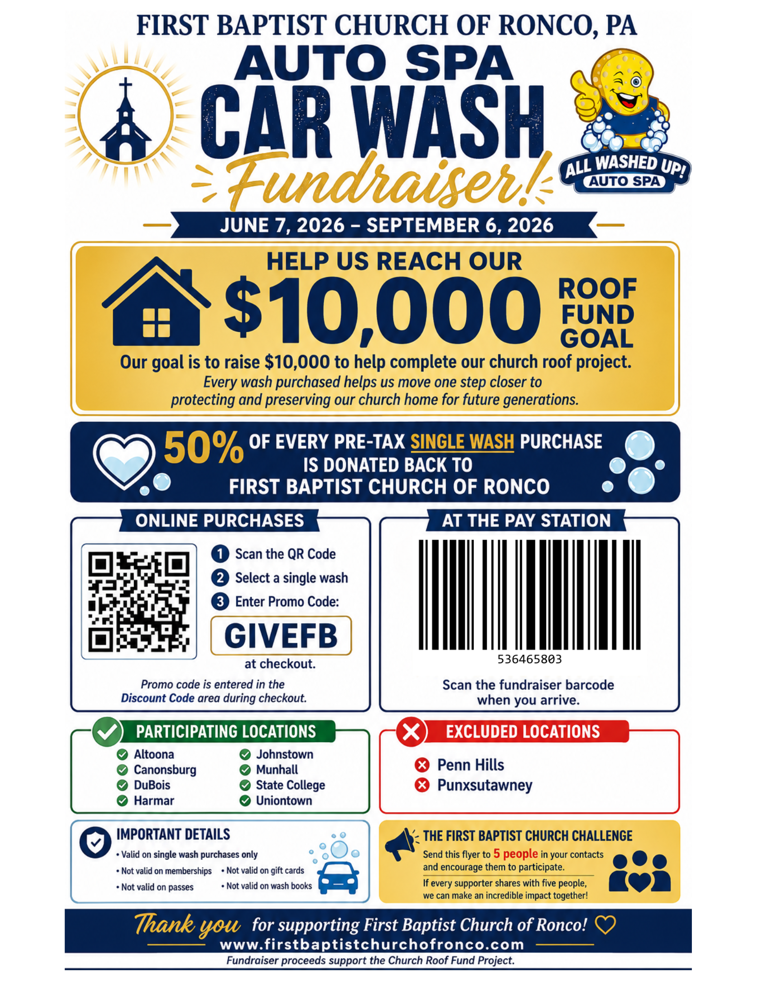 Flyer for the First Baptist Church of Ronco PA auto spa car wash fundraiser running from June 7 to September 6, 2026, with a goal to raise $10,000 for church roof project. Includes a barcode and QR code for online purchases, lists participating locations, important details, and a challenge to encourage participation.
