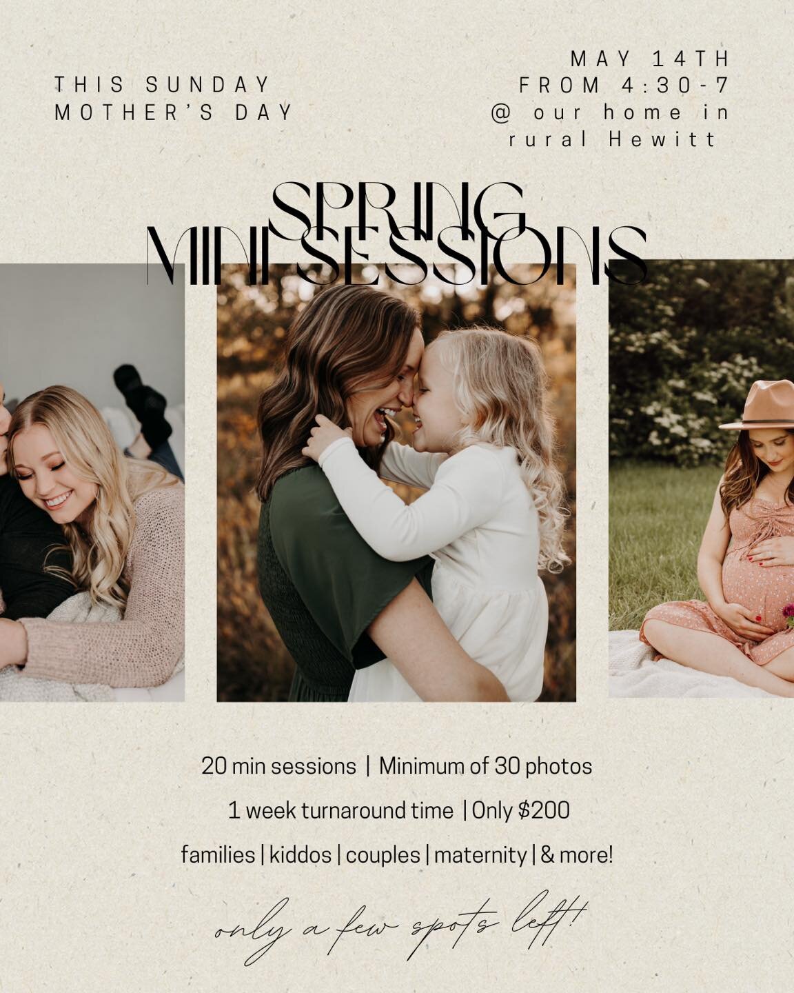 🌸SPRING MINIS ARE HAPPENING THIS SUNDAY!🌸

these will be the only minis until fall!

4 spots remaining - book yours here: https://book.usesession.com/s/rPQPVrFlK