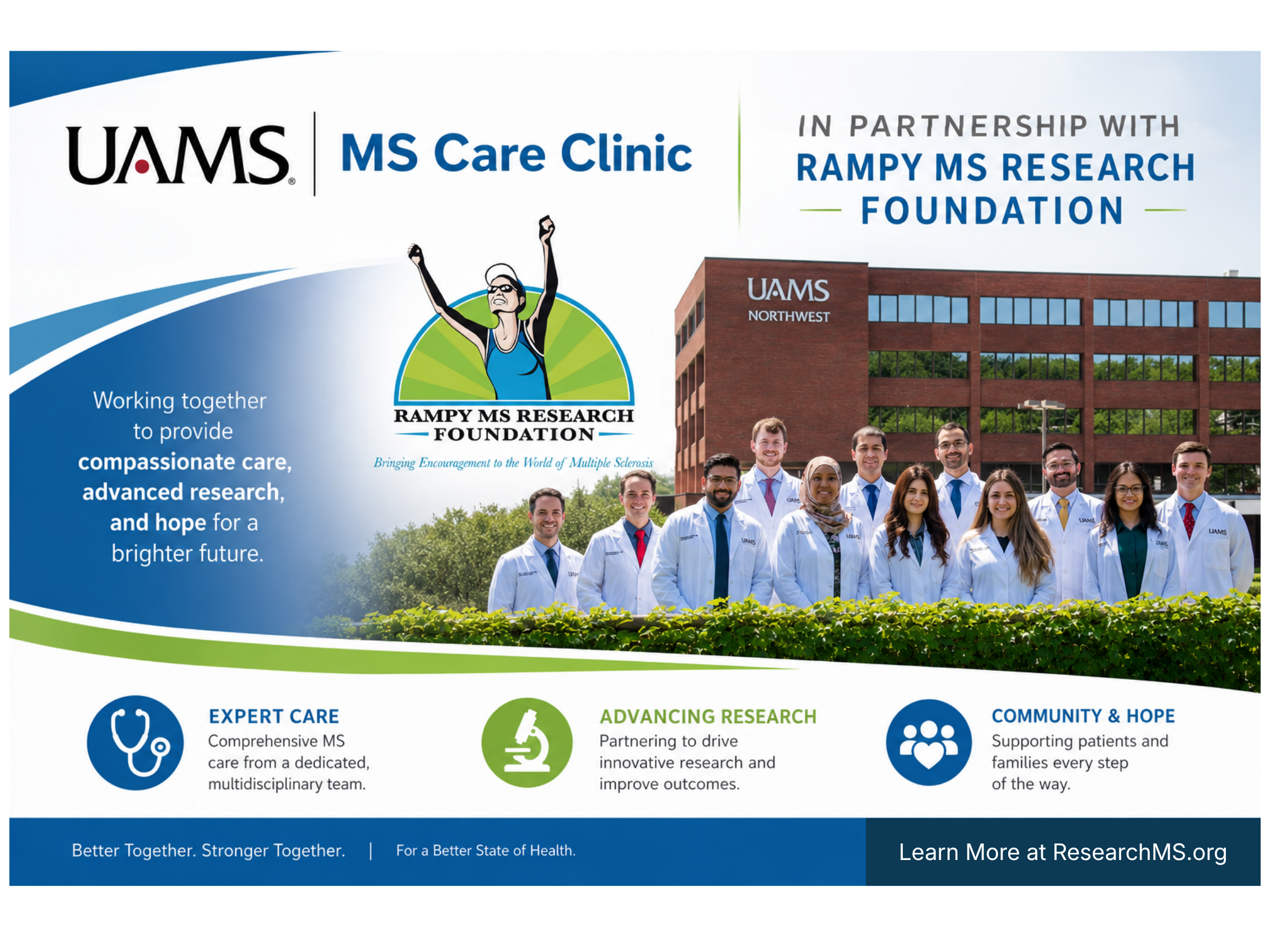 UAMS healthcare professionals supporting multiple sclerosis research, neurological care, and the Northwest Arkansas MS Care Clinic partnership with Rampy MS Research Foundation.