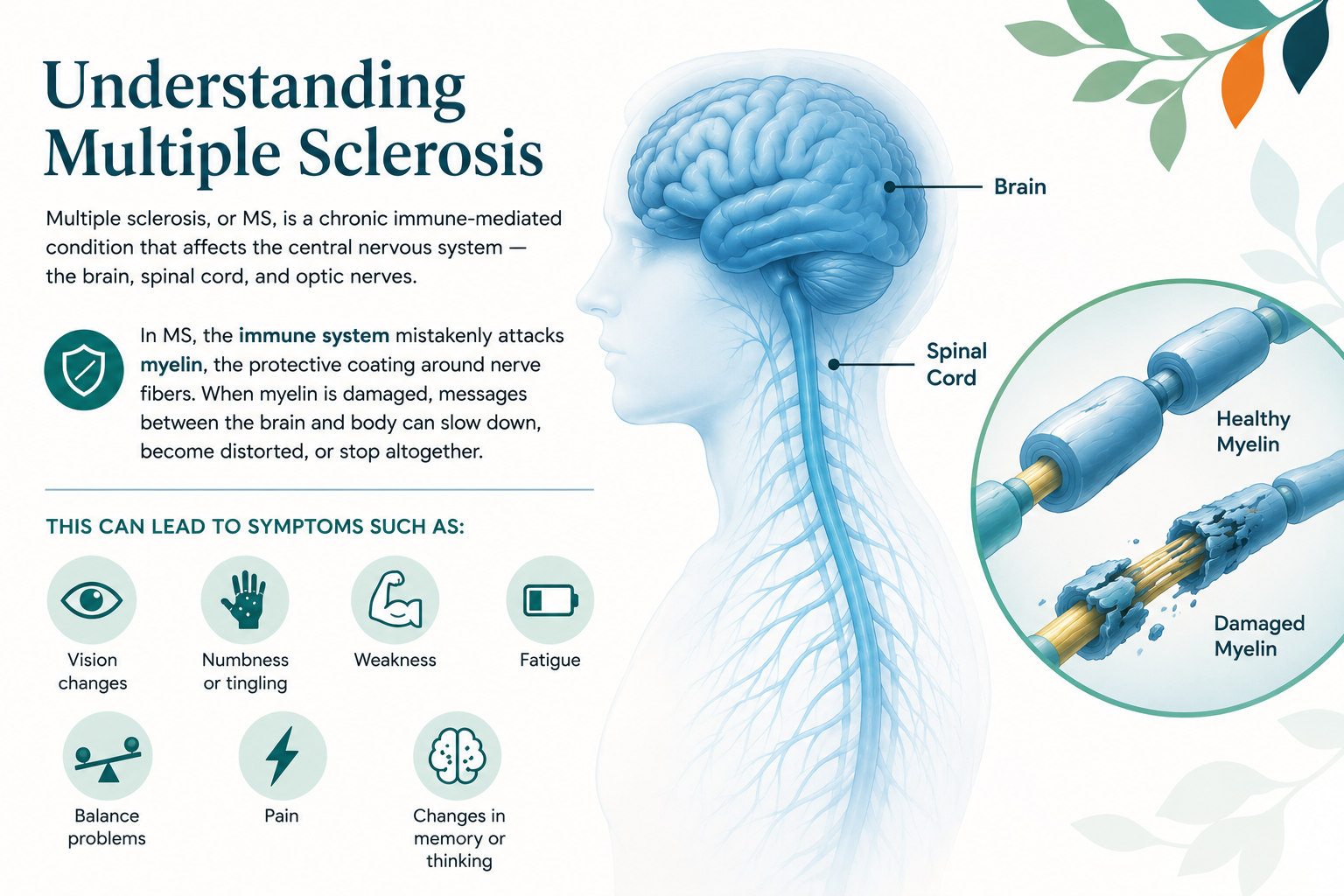 An infographic about multiple sclerosis showing a side view of a human head with a detailed illustration of the brain and spinal cord, highlighting healthy myelin and damaged myelin, along with symptoms such as vision changes, numbness, weakness, fatigue, balance problems, pain, and memory changes.