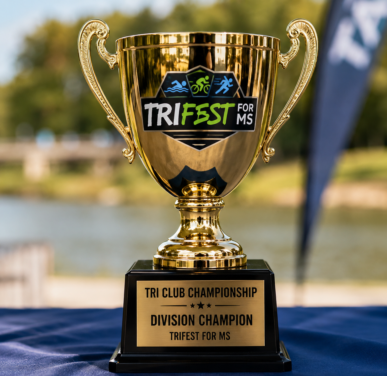 TriFest for MS Triathlon Club Championship trophy featuring swim, bike, and run icons awarded to division champions participating in Arkansas endurance sports events supporting multiple sclerosis research.