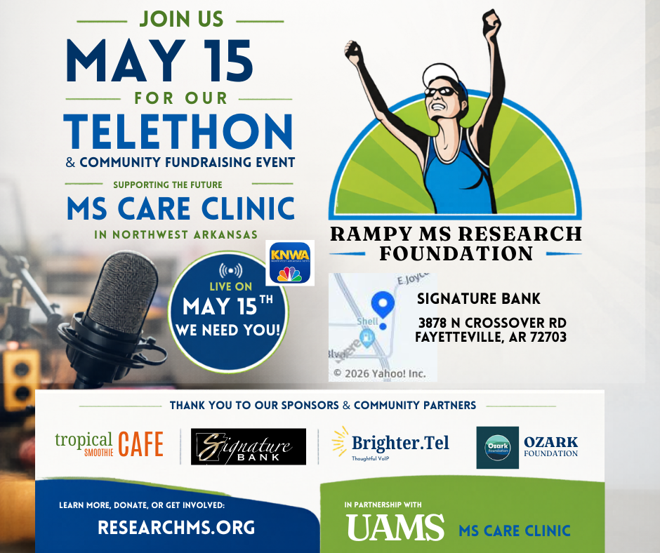 Promotional graphic for the May 15 KNWA telethon fundraiser supporting the Northwest Arkansas MS Care Clinic and Rampy MS Research Foundation.