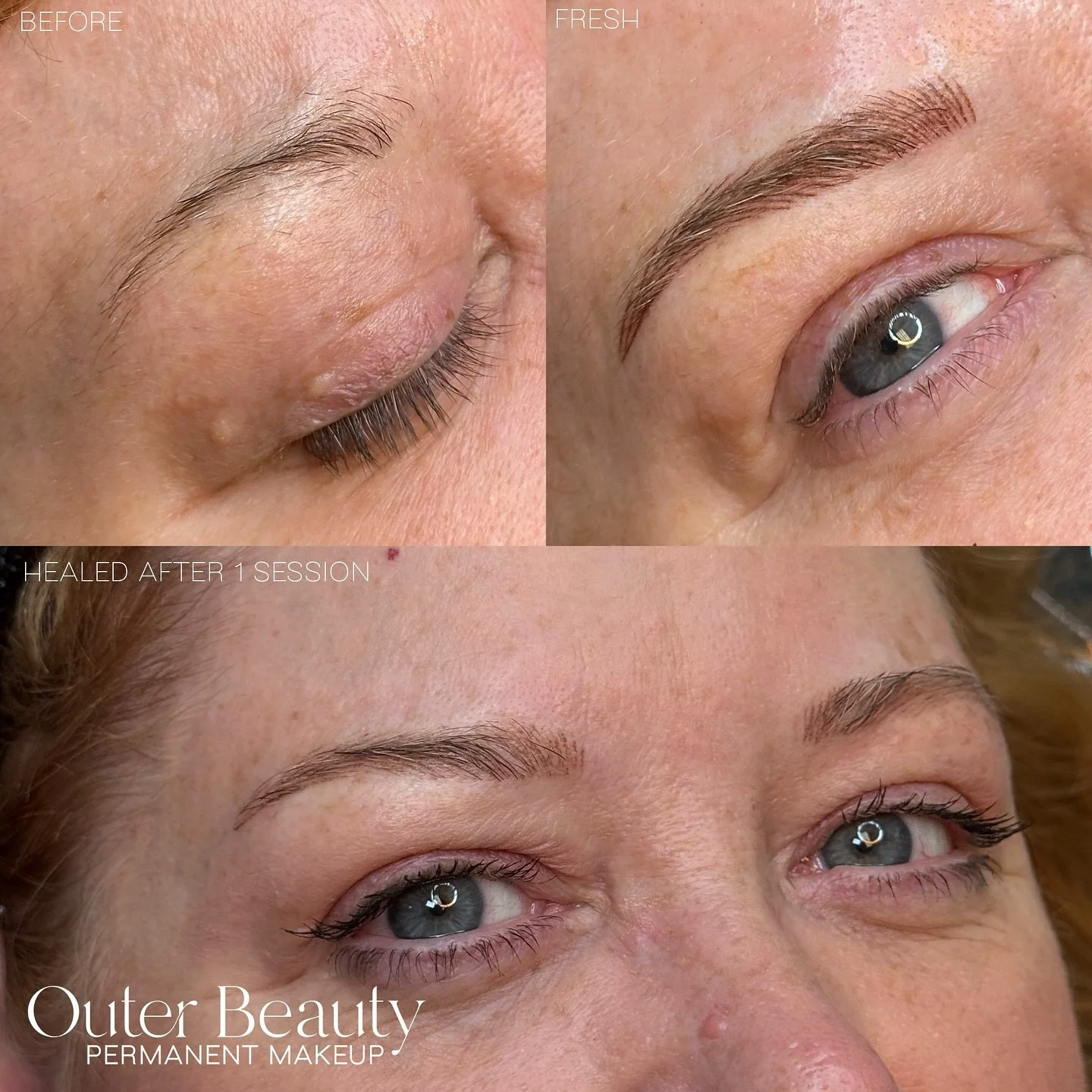 Before, fresh, & healed after 1 session Nano Brows 😍 
Permanent makeup is a two step process, and we use the touch up to see how your body and skin absorb the ink, then make adjustments accordingly in the second session! I already love how natu