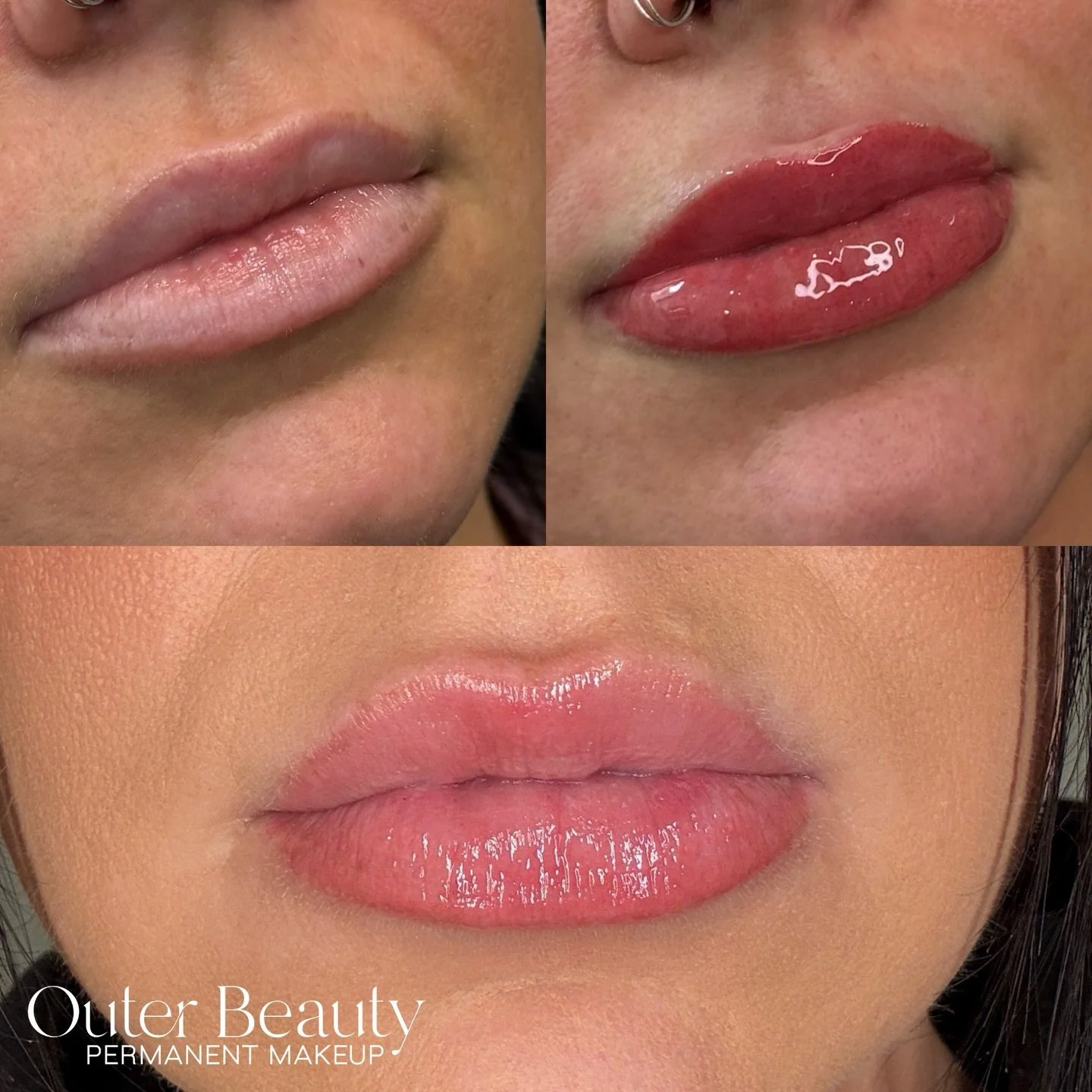 Before, fresh, &amp; healed lip blush after one session 😍 this beauty only needed one appointment to reach her desired results! We have two appointments left for April, just in time to get your summer ready, smudge proof lip tint 💕 the service take