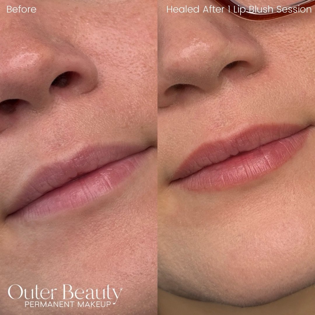 Natural, beautiful healed lip blush results after one session 😍 This client loved her lips with lip liner on, but wanted to try lip blush to replace the need for lip liner everyday. We were able to expand her coloring to enhance her beautiful lips s
