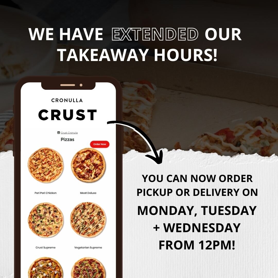 Your lunch break is about to get delicious! 🍕 You can now order takeaway (delivery or pickup) on Monday, Tuesday, and Wednesday from 12pm! ORDER NOW via the link in bio! 
.
.
.
#crustcronulla #cronullacrust #crustpizza #cronullaitalian #cronullapizz