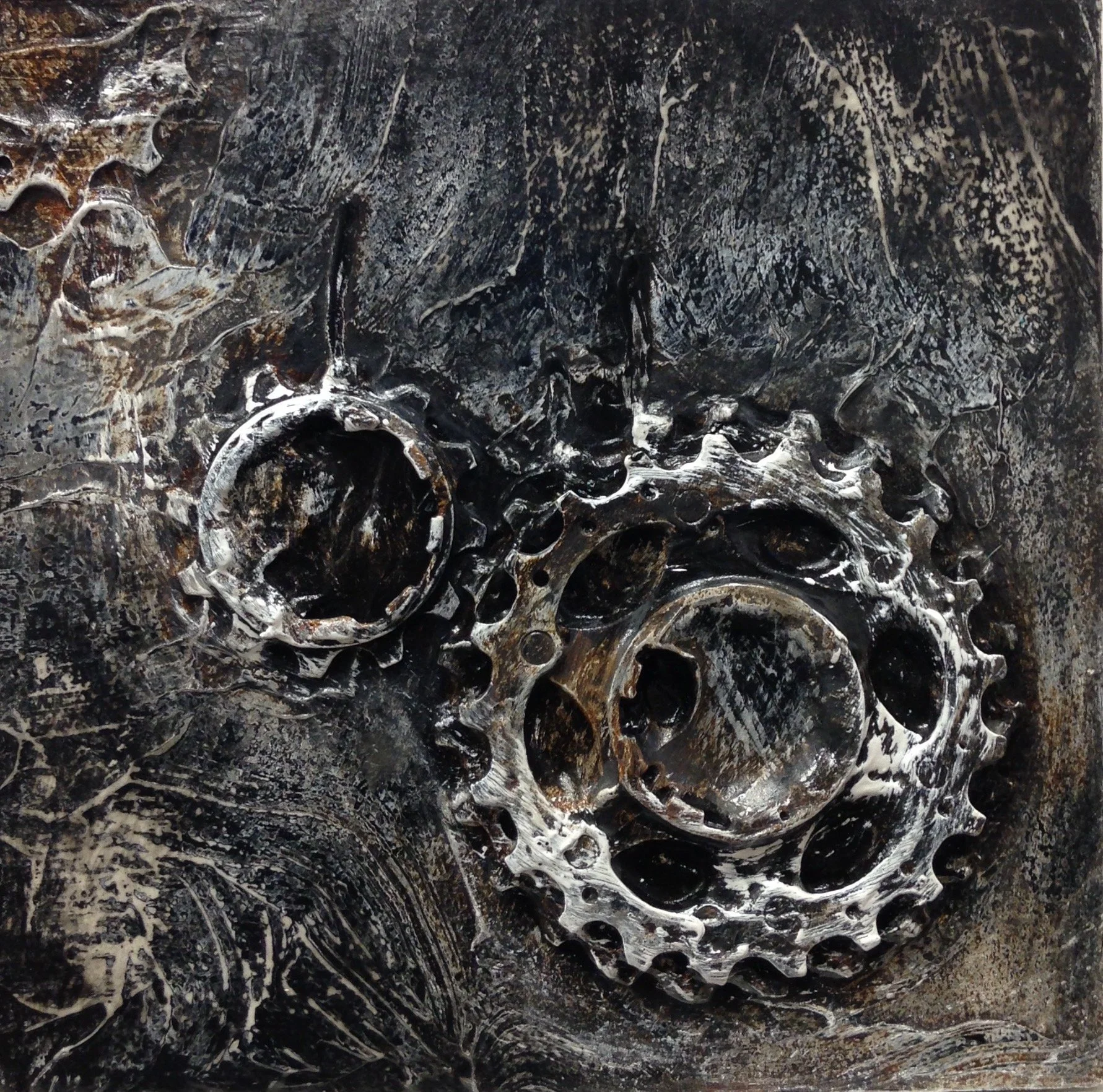 2nd Gear 7 x 7 acrylic and bike gears $300 (framed)