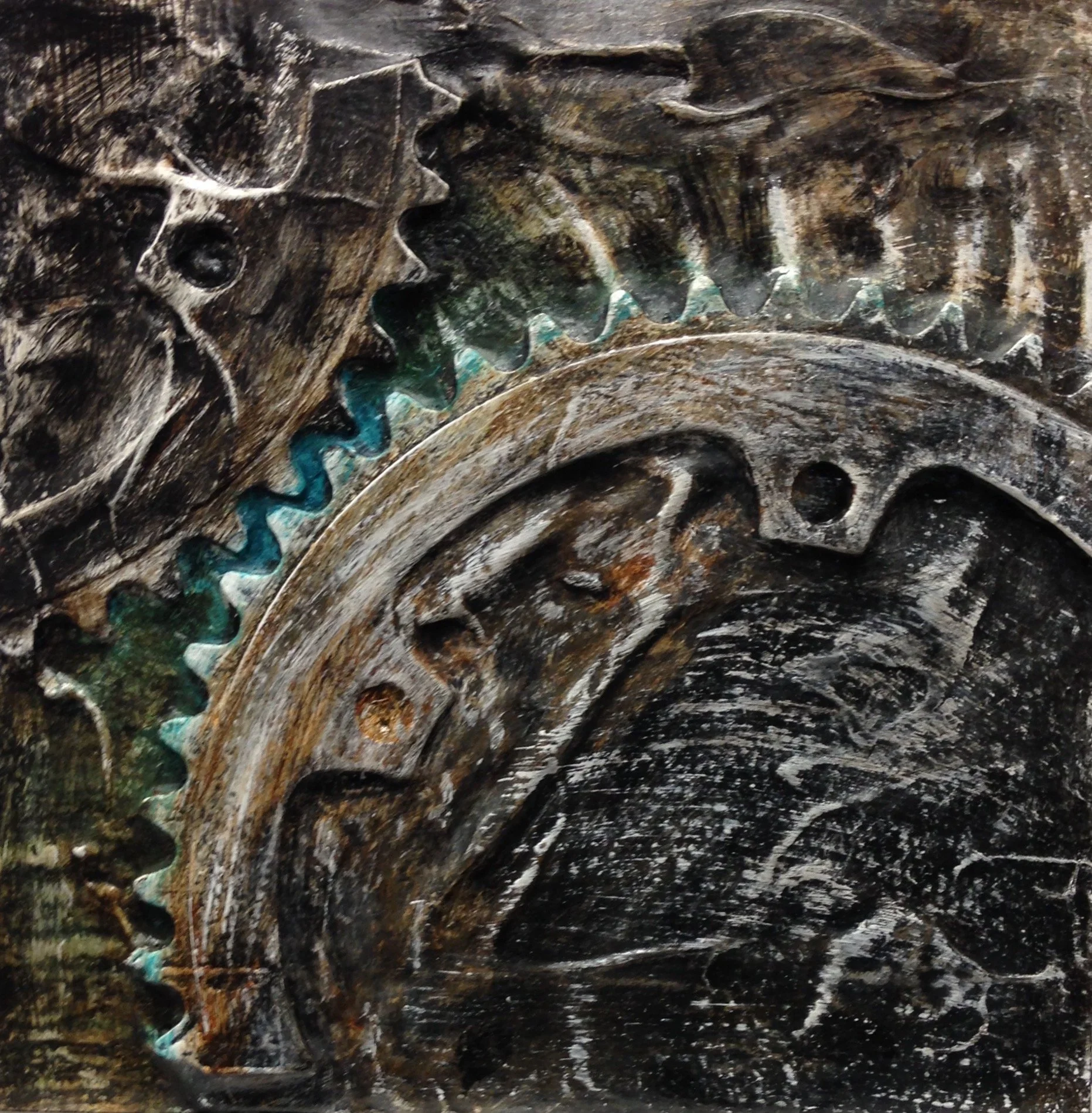 1st Gear 7 x 7 acrylic and bike gears $300 (framed)