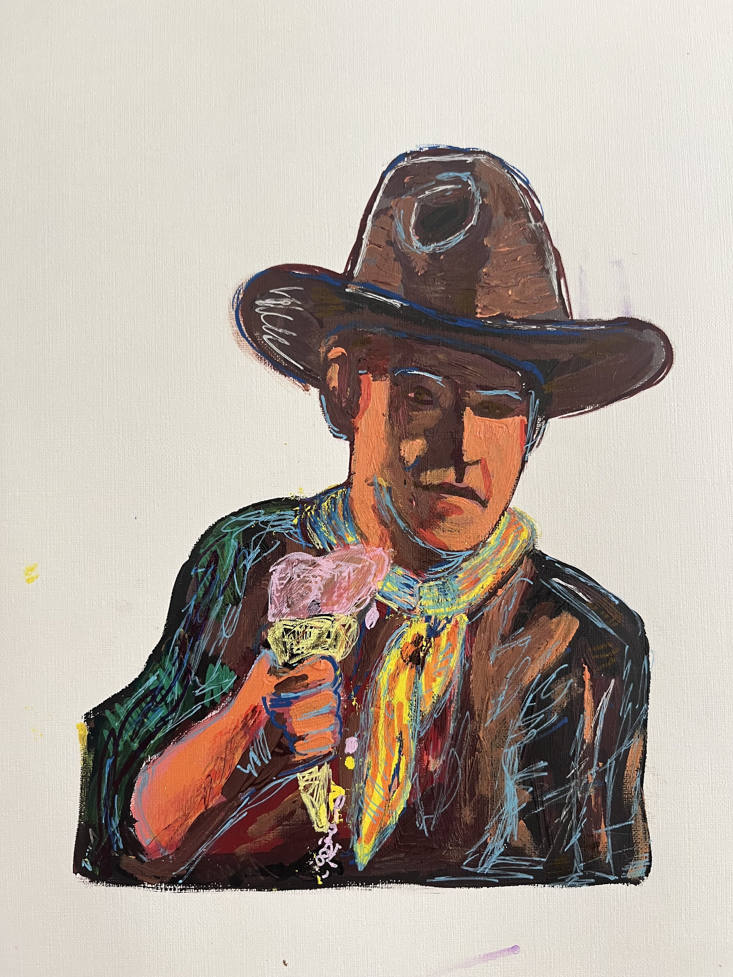 John Wayne in an Akubra in Byron Bay eating icecream, after Warhol - Viisti Dickens
