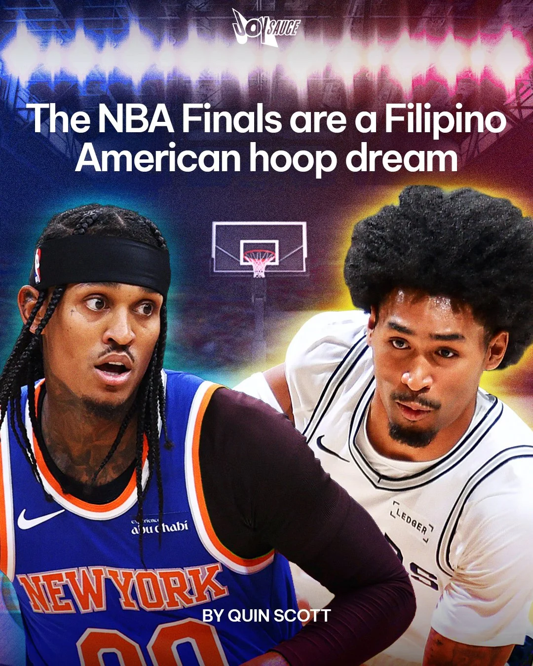 Cover photo of a magazine or article featuring two basketball players, one in a New York Knicks jersey and the other in a white jersey, with a basketball court and hoop in the background, and the headline "The NBA Finals are a Filipino American hoop 