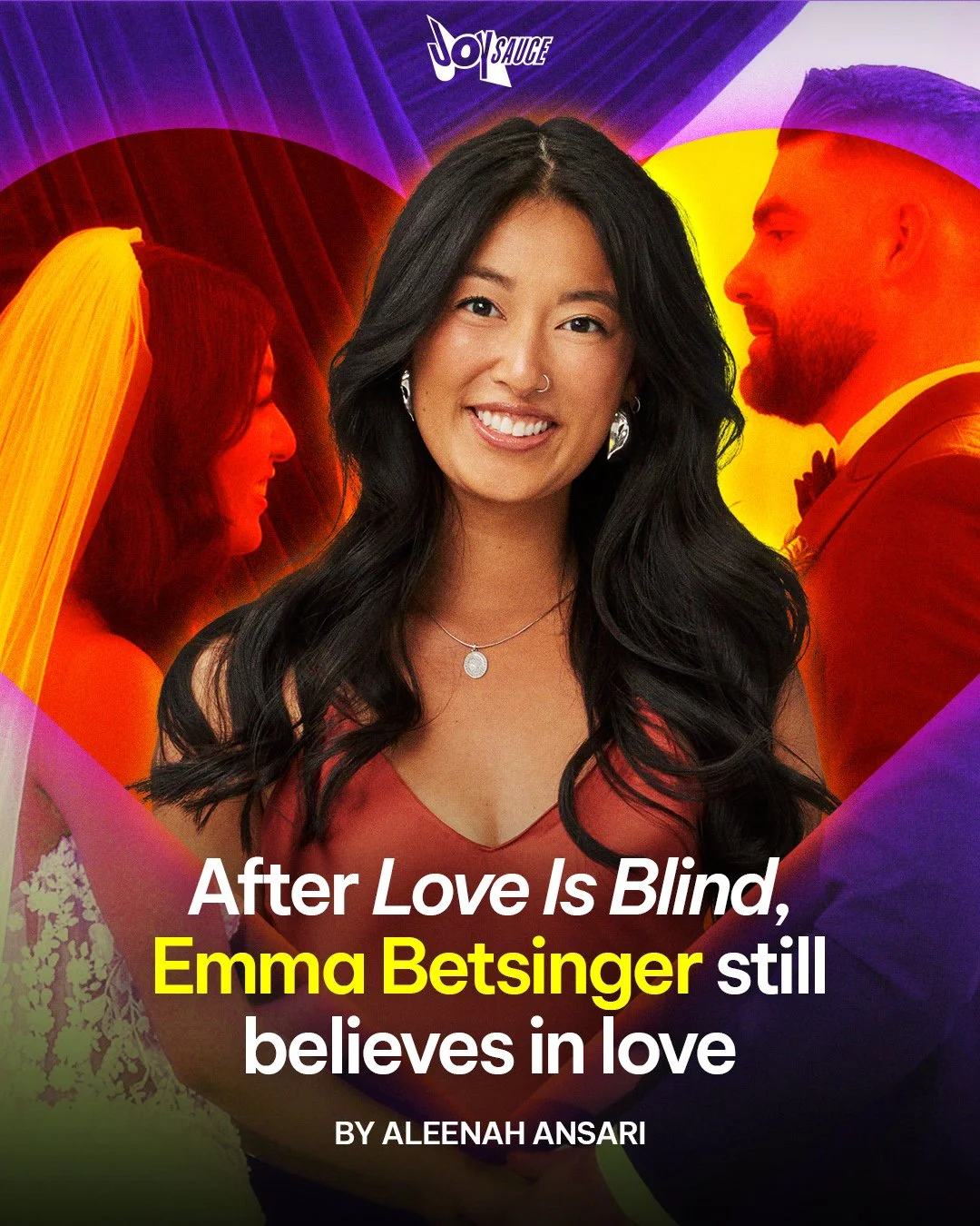 Book cover with a woman in the foreground smiling, and a man and a woman in the background facing each other in profile, with colorful abstract backgrounds. Title reads 'After Love Is Blind, Emma Betsinger still believes in love' by Aleenah Ansari.