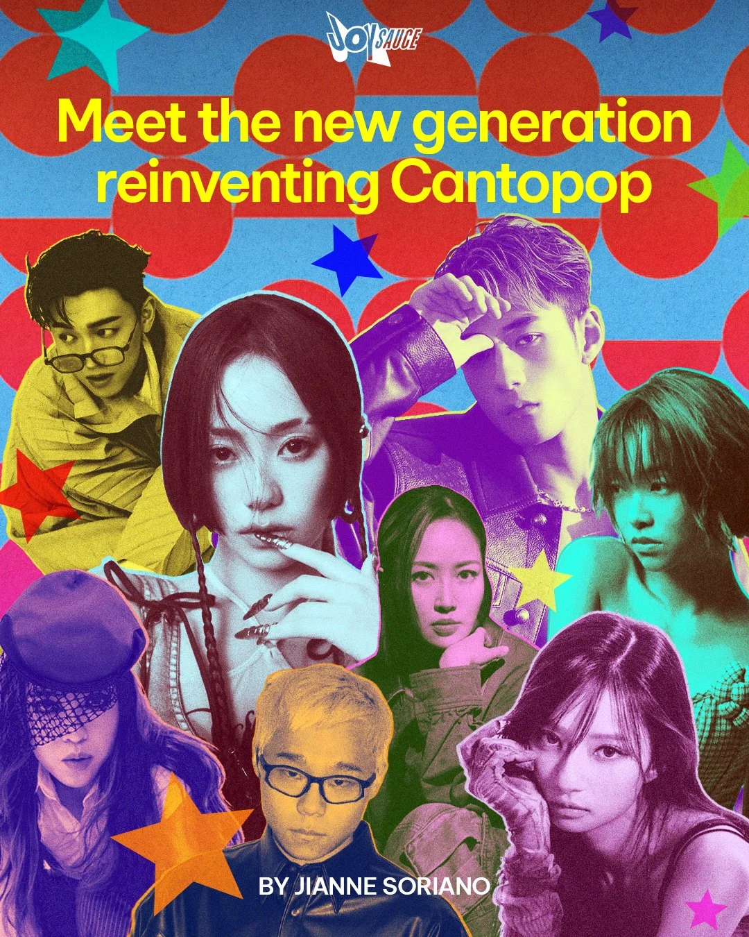 Book cover titled "Meet the new generation reinventing Cantopop" by Janne Soriano, featuring colorful images of multiple Asian pop stars with star patterns in the background.