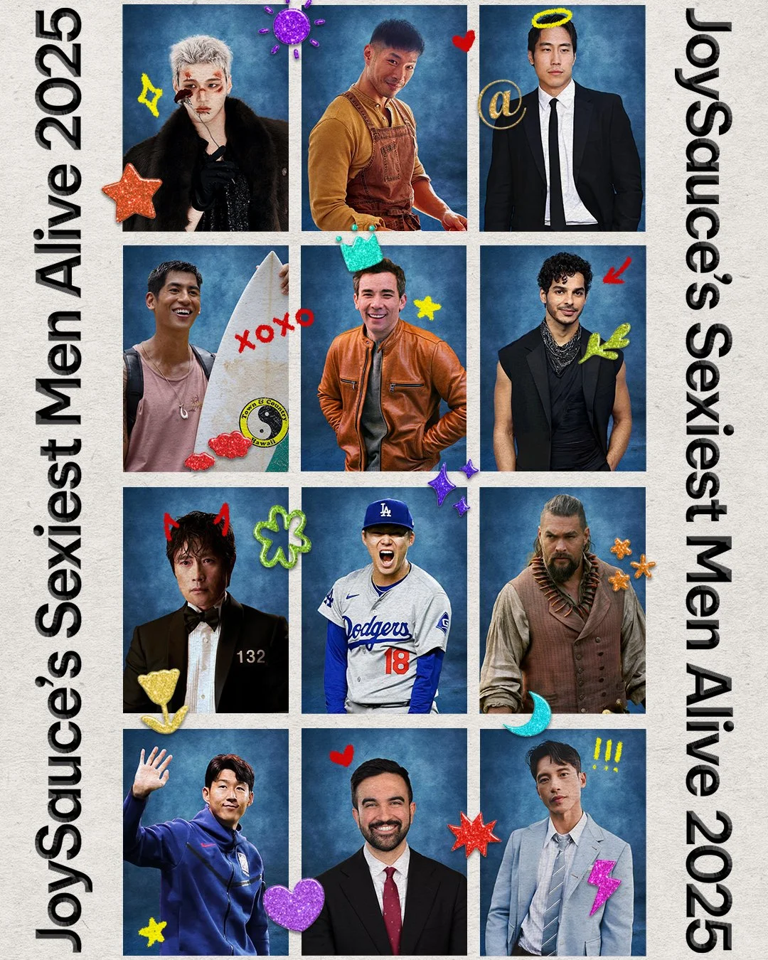 Collage of nine diverse men's photos with colorful doodles and text, celebrating Men's Joyous Sexuality in 2025.