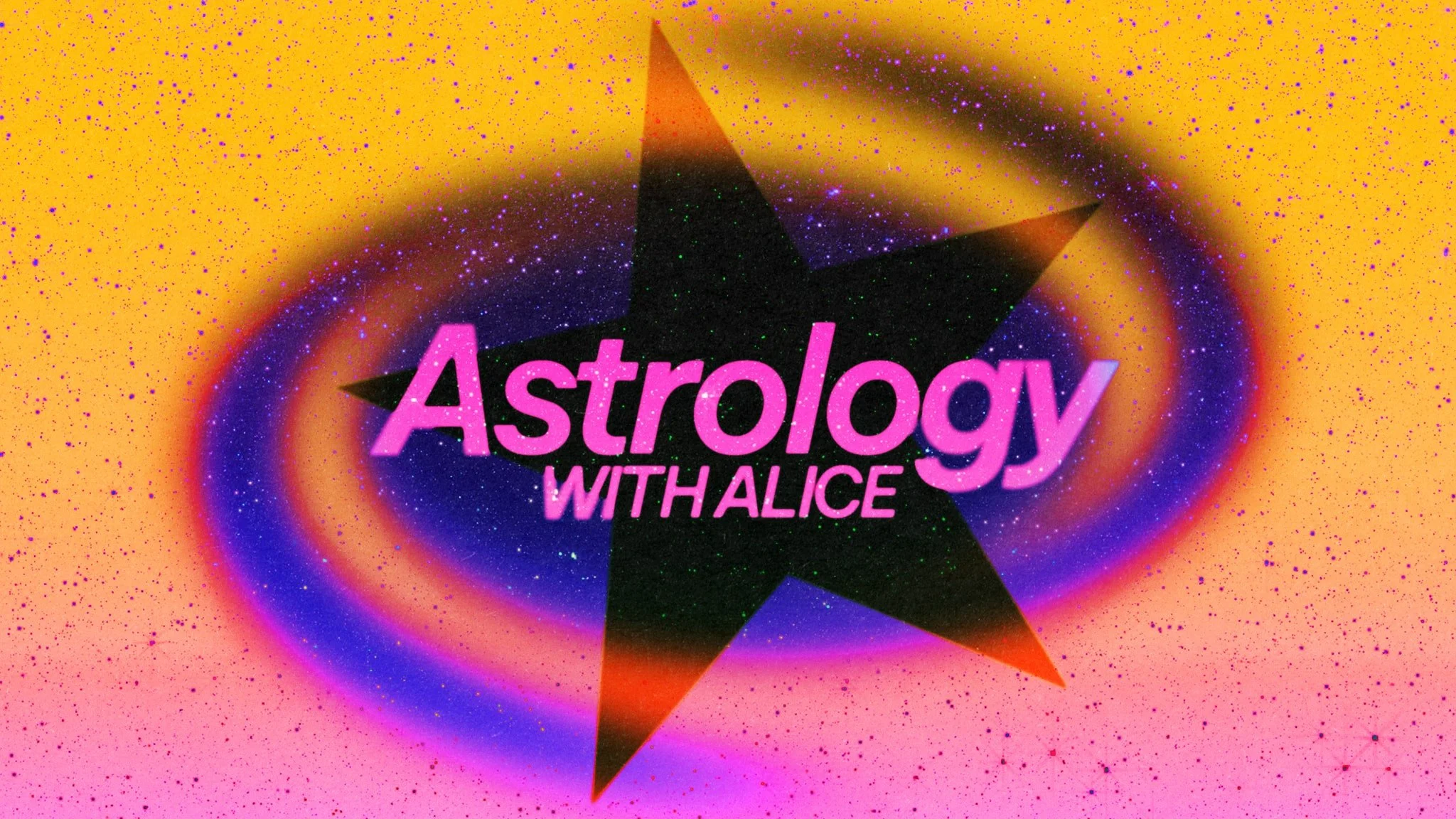 Colorful graphic with a black star, purple and pink swirls, and the text "Astrology with Alice" in pink letters.