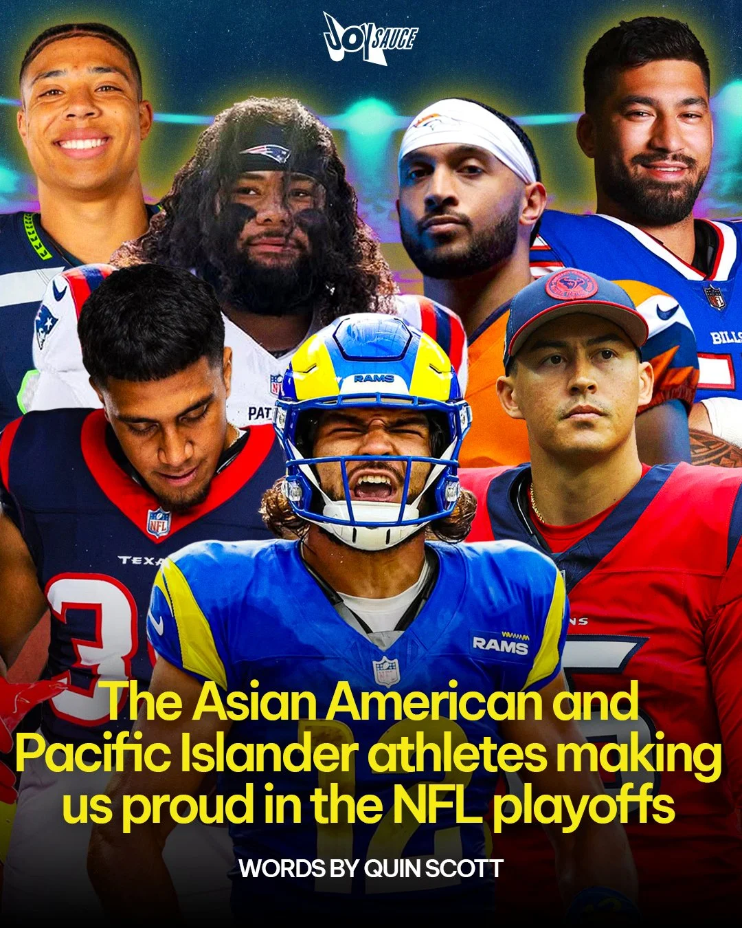 Group of Asian American and Pacific Islander athletes in football and other sports gear, with a vibrant background, and overlay text about their achievements in the NFL playoffs.