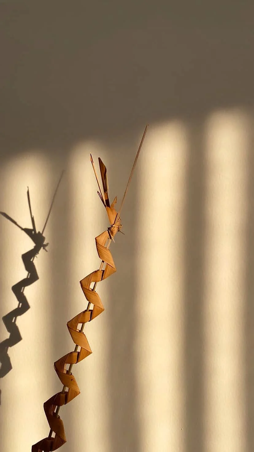 Suki Zoe, light play of grass weaving sculpture casting a shadow on a beige wall with vertical light patterns.