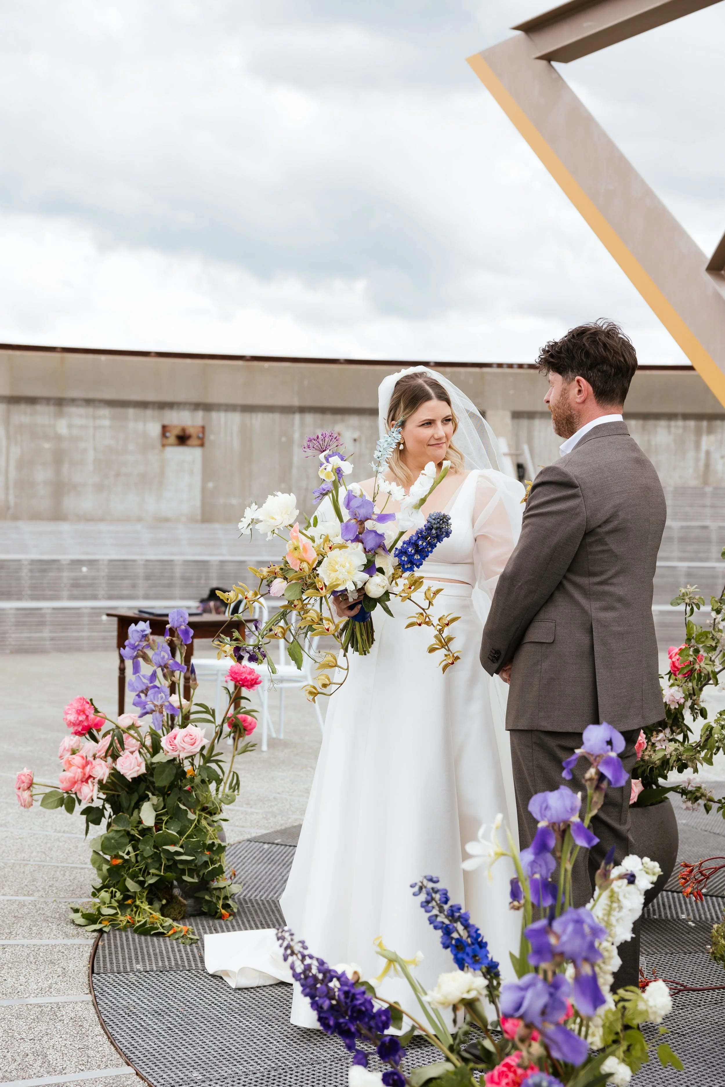 Stunning wedding flowers, hobart elevated wedding flowers, bespoke arrangements with local and seasonal flowers including Peonie and Iris at Springbay Mill