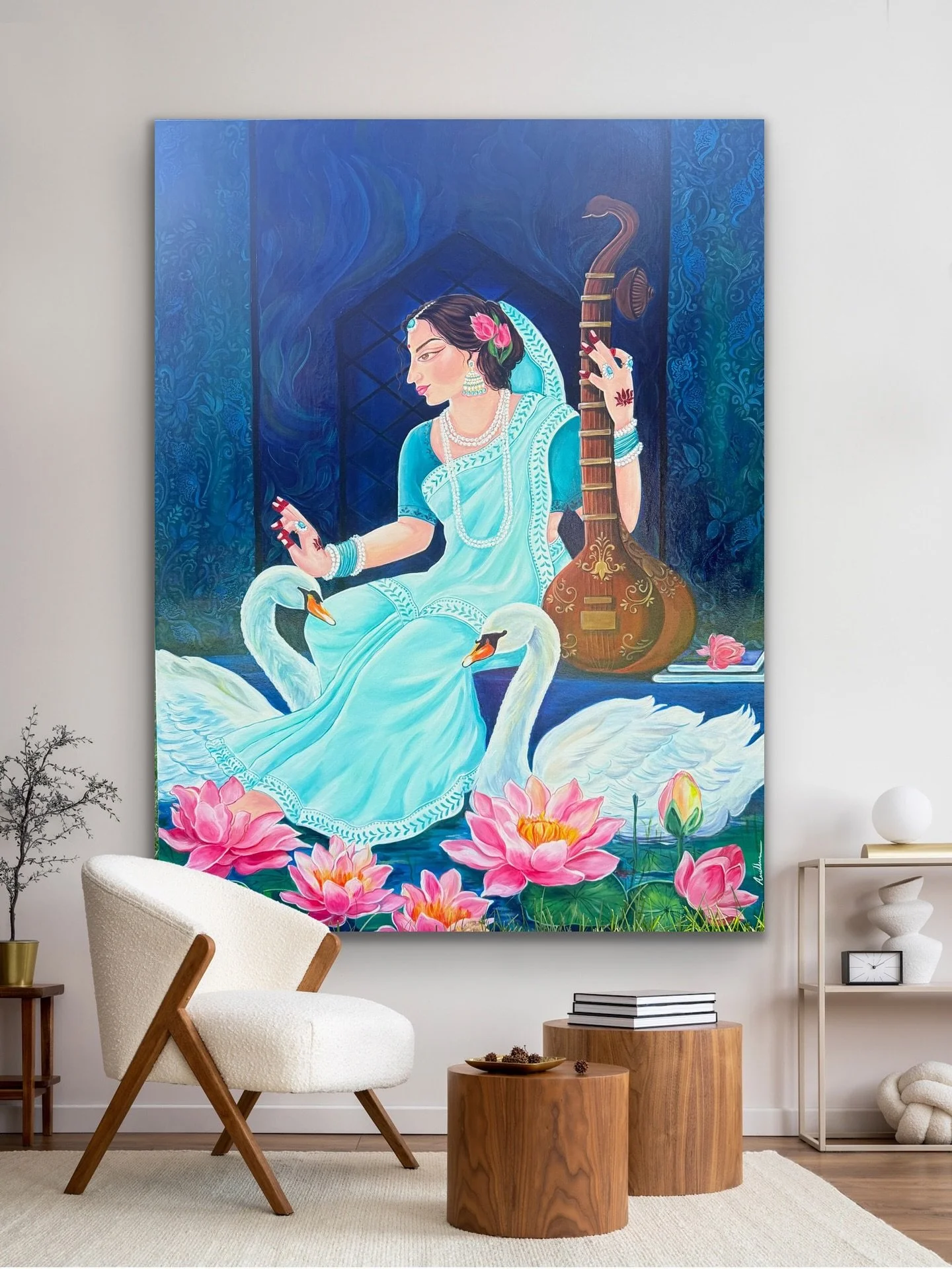 Sapphire Raga&mdash; 36&times;48 in, acrylic on canvas.
An ode to serenity and sound&mdash;Goddess Saraswati, goddess of knowledge and wisdom&mdash;veena, swans, and lotuses unfolding in layered sapphire blues, guiding the melody of learning. I&rsquo