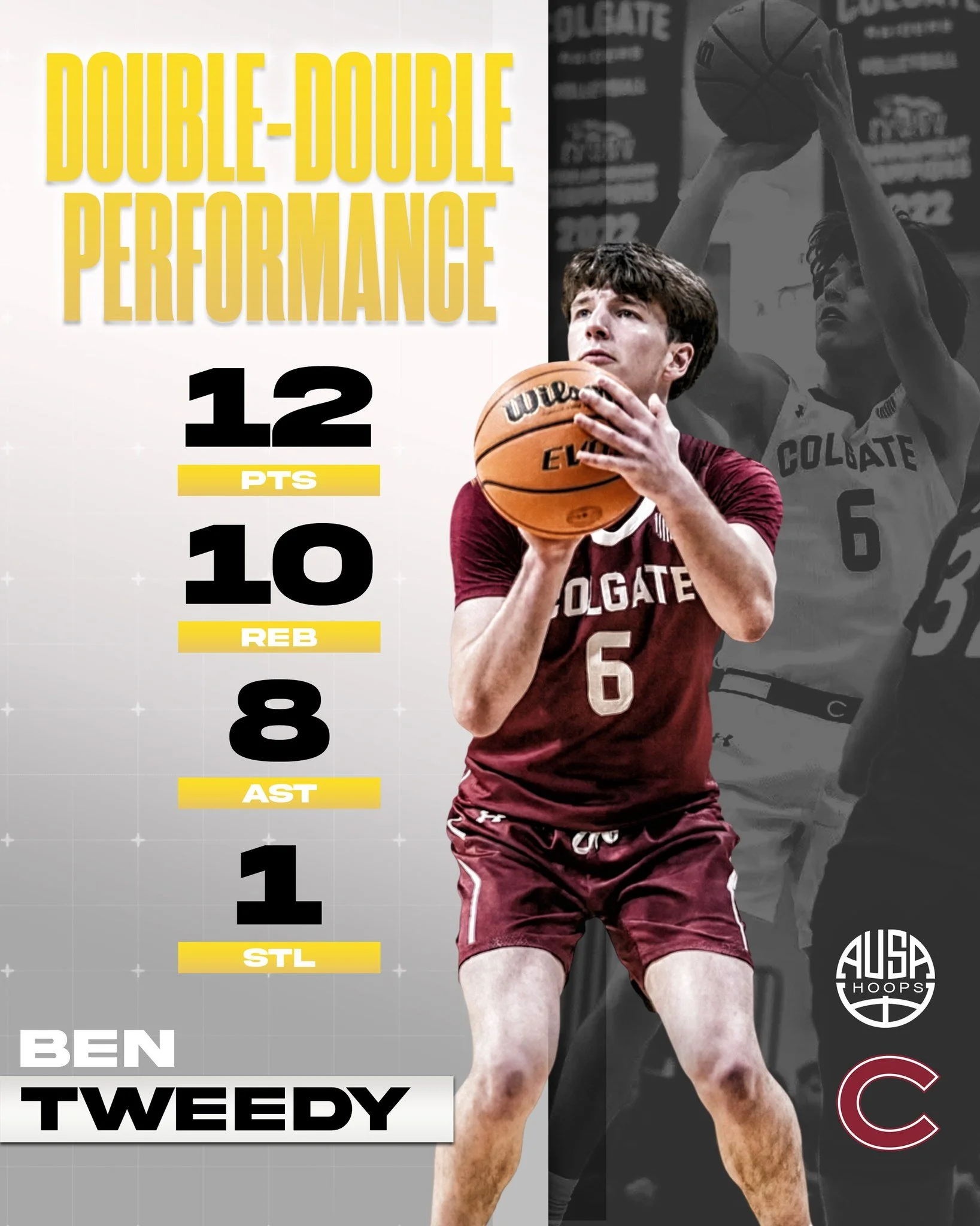 A strong double-double performance from AUSA Hoops alum @bentweedyy for @colgatembb, standing out despite the result against Lafayette.

Ben&rsquo;s presence on both ends of the floor was evident, controlling the glass, scoring efficiently, and compe