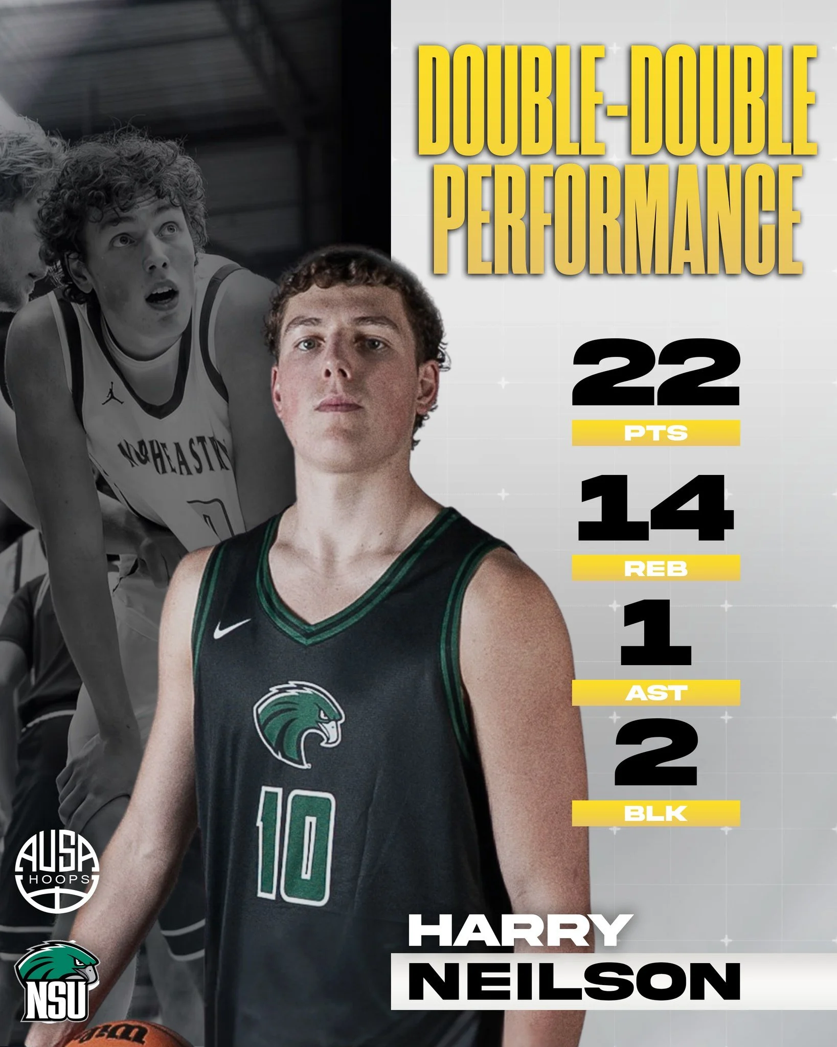 A big double-double performance from AUSA Hoops alum @hazneilson, delivering as a freshman for @riverhawksmbb in a strong win over Central Oklahoma!

Harry&rsquo;s impact was felt on both ends, controlling the glass, finishing inside, and bringing en