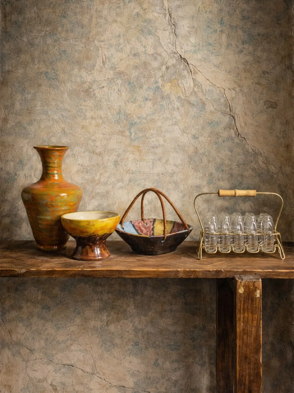 🍊 
Narancs es turkiz mazas keramia vaza, magassaga 25 cm, lepattanassal, magassaga cm &bull; 4000 ft
Bors&oacute;dy Agnes keramia kinalo kosar, fonott fullel, jelzett, 17x17x6,5 cm &bull; 4000 ft 
Mihaly keramia ikebana, narancs, citromsarga es barn