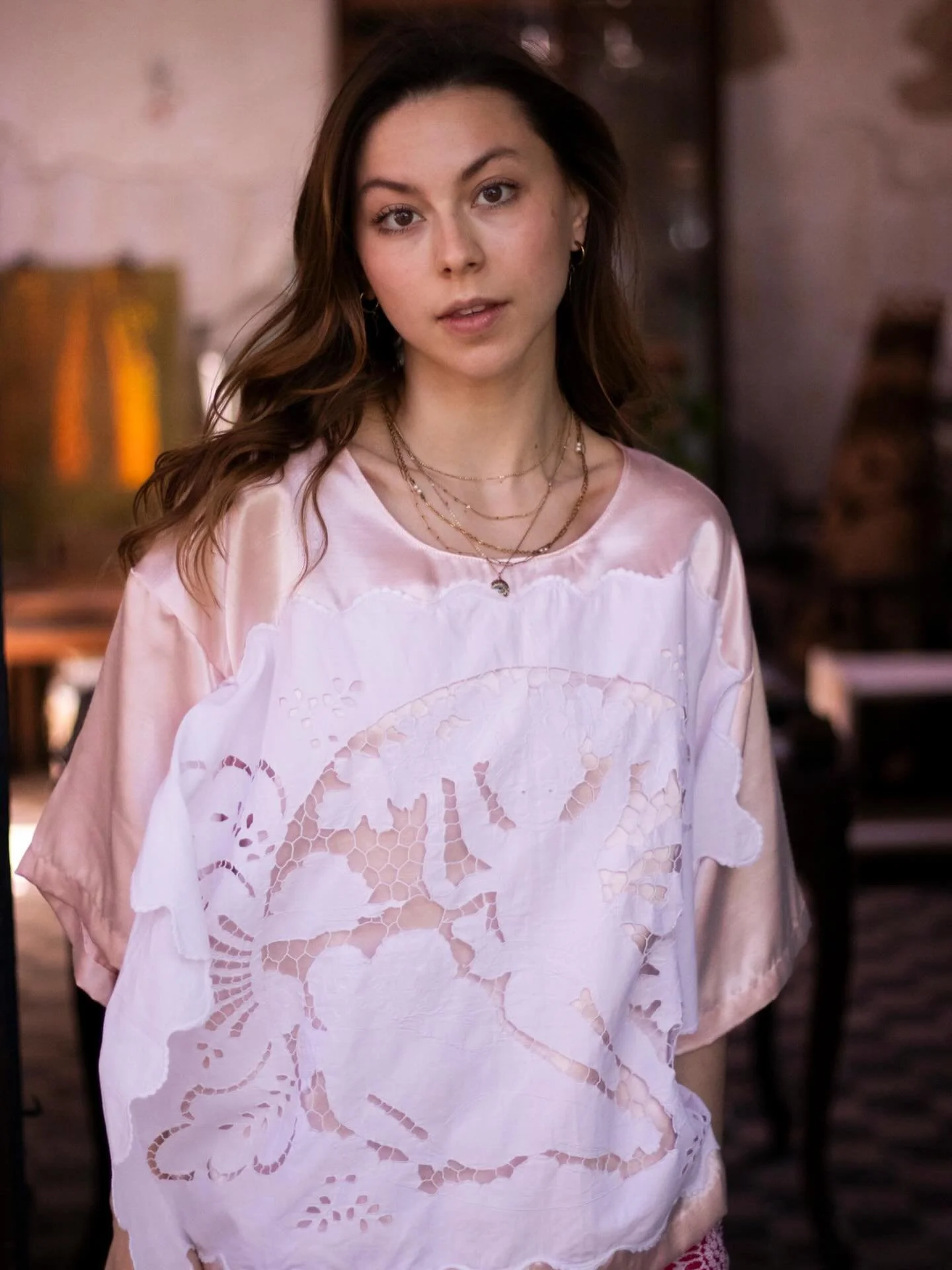 Laura wearing a pink cotton satin T-shirt with vintage lace &bull; see you at @makersmarketbudapest 26th April &bull; amorekisstibi.com