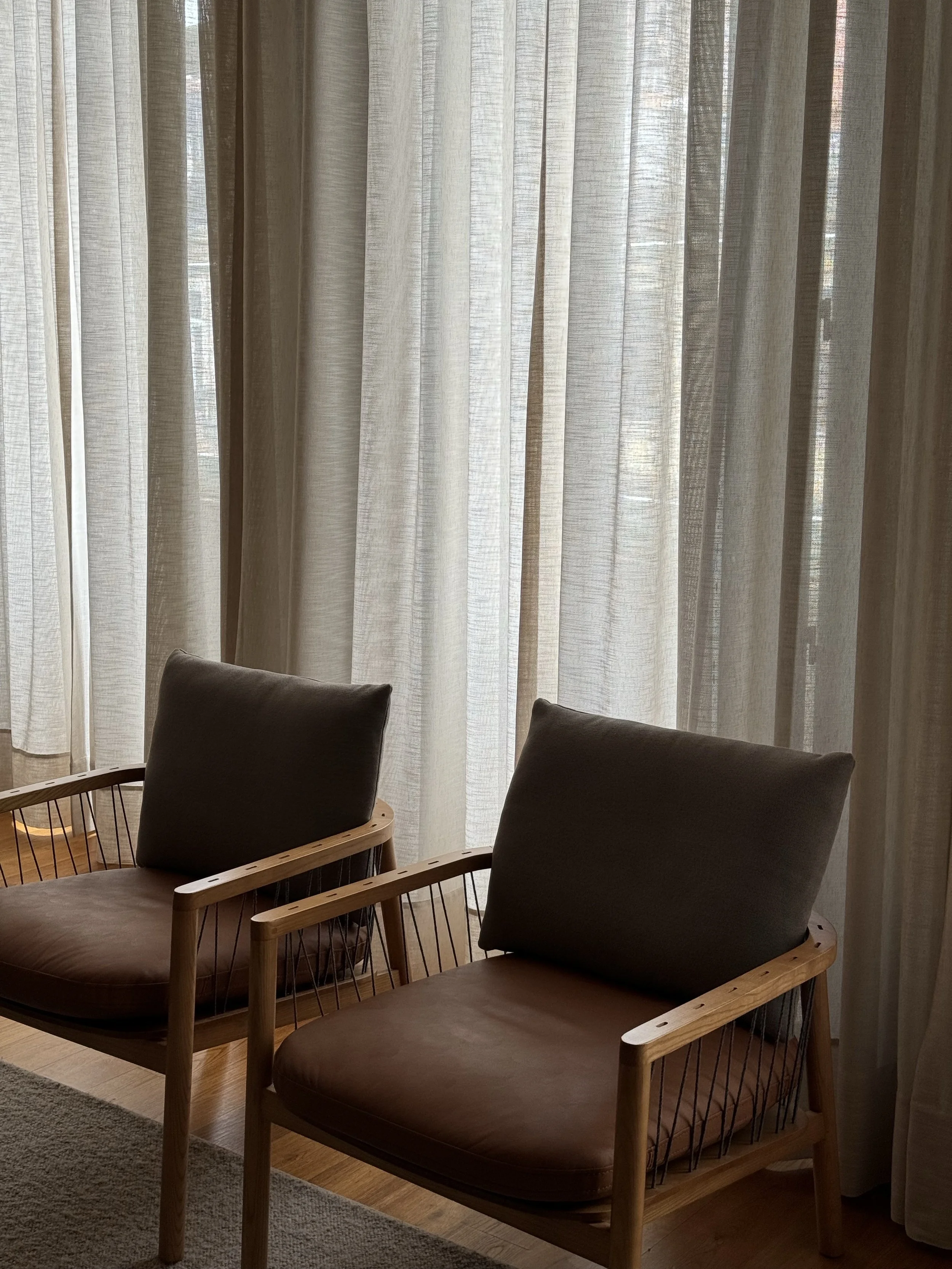 A living room scene with two chairs featuring wooden frames, dark brown cushions, and black wire armrests, positioned in front of sheer light-colored curtains covering large windows, with part of a beige carpet visible on the floor.
