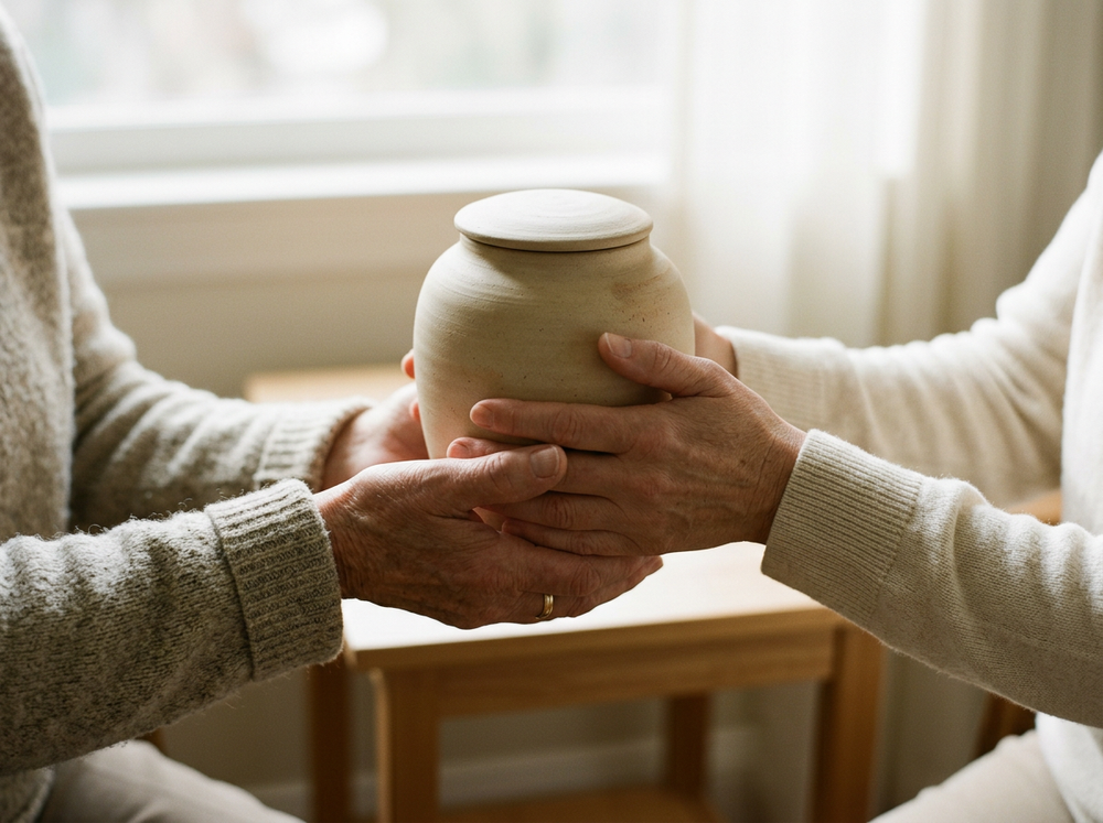 Hands holding a cremation urn, representing Embrace's direct cremation service