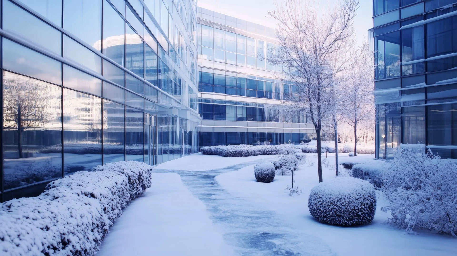 Cleared walkway winding through a snow-covered office courtyard lined with frosted shrubs and trees