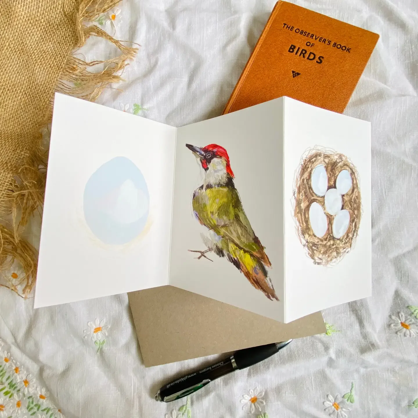 Concertina Green Woodpecker Greeting Card - Three illustrations