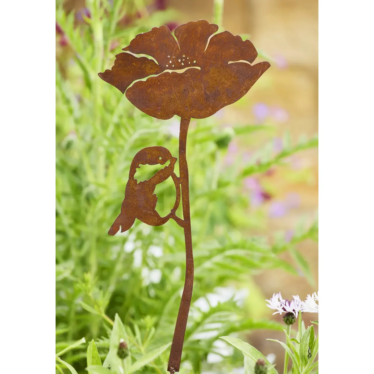 Rustic Poppy and Blue Tit Garden Stake