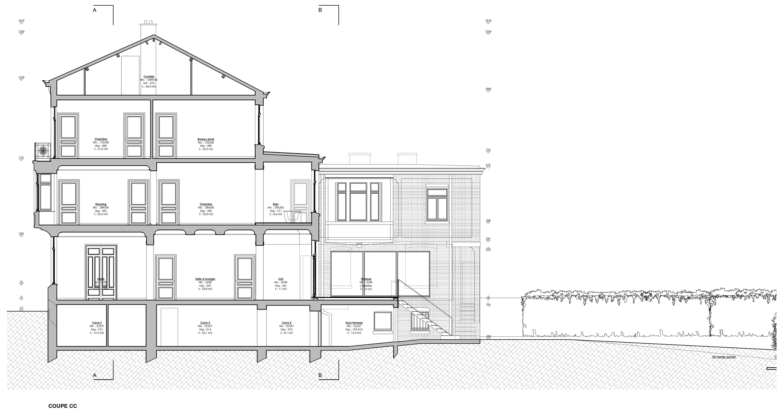 Rénovation complète d'une maison de maître à Cointe - Chantier finalisé.  

- Coupe - situation projetée.