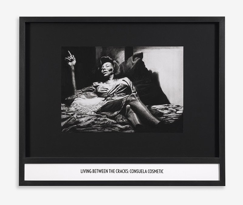 Ruined Finery: Consuela Cosmetic,2020
Charcoal on screen printed paper and vinyl,
68.5 x 83.4 cm Private Collection