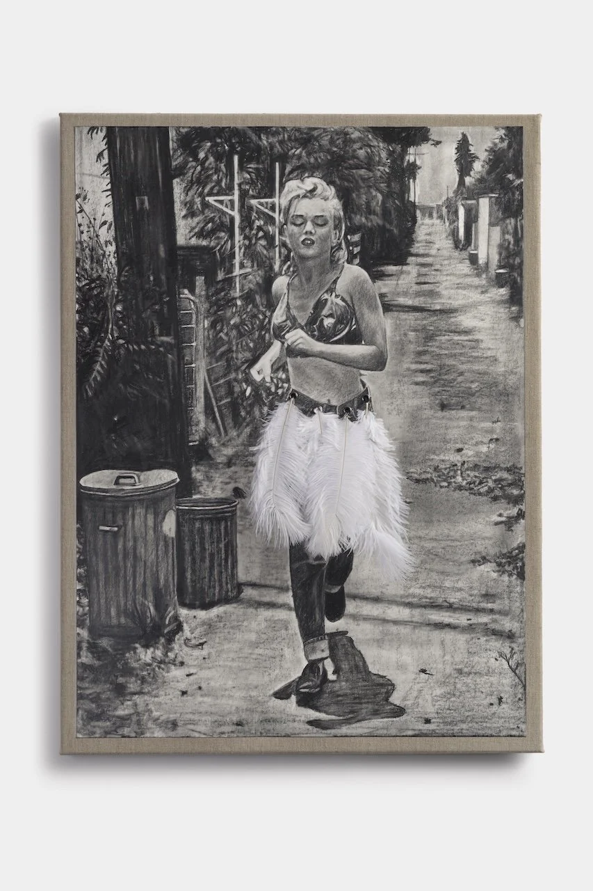 Fan Girl - Marilyn 
Pencil on paper on linen with eyelets and ostrich feathers 
80 x 60 cm 
Nina Mae Fowler, 2026