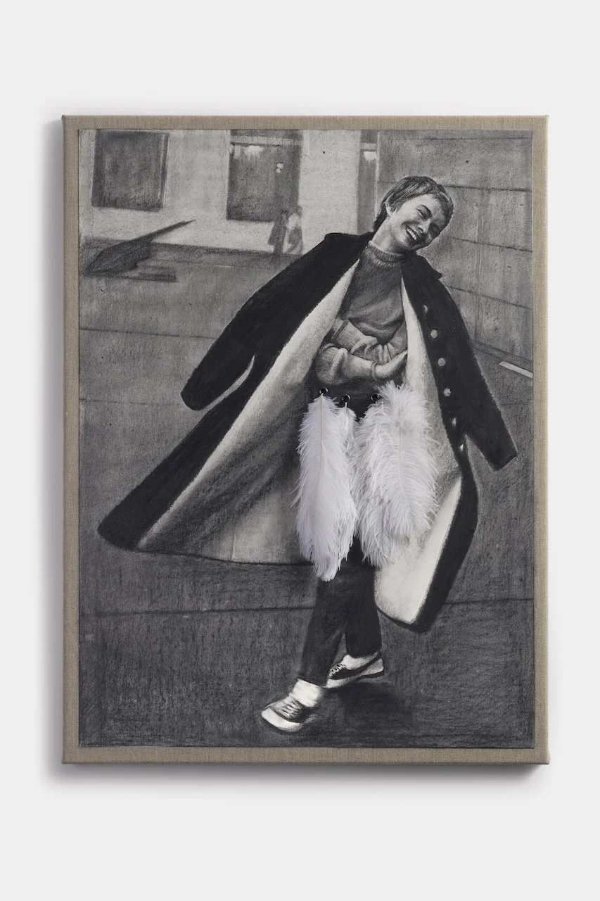 Fan Girl - Jean 
Pencil on paper on linen with eyelets and ostrich feathers 
80 x 60 cm 
Nina Mae Fowler, 2026