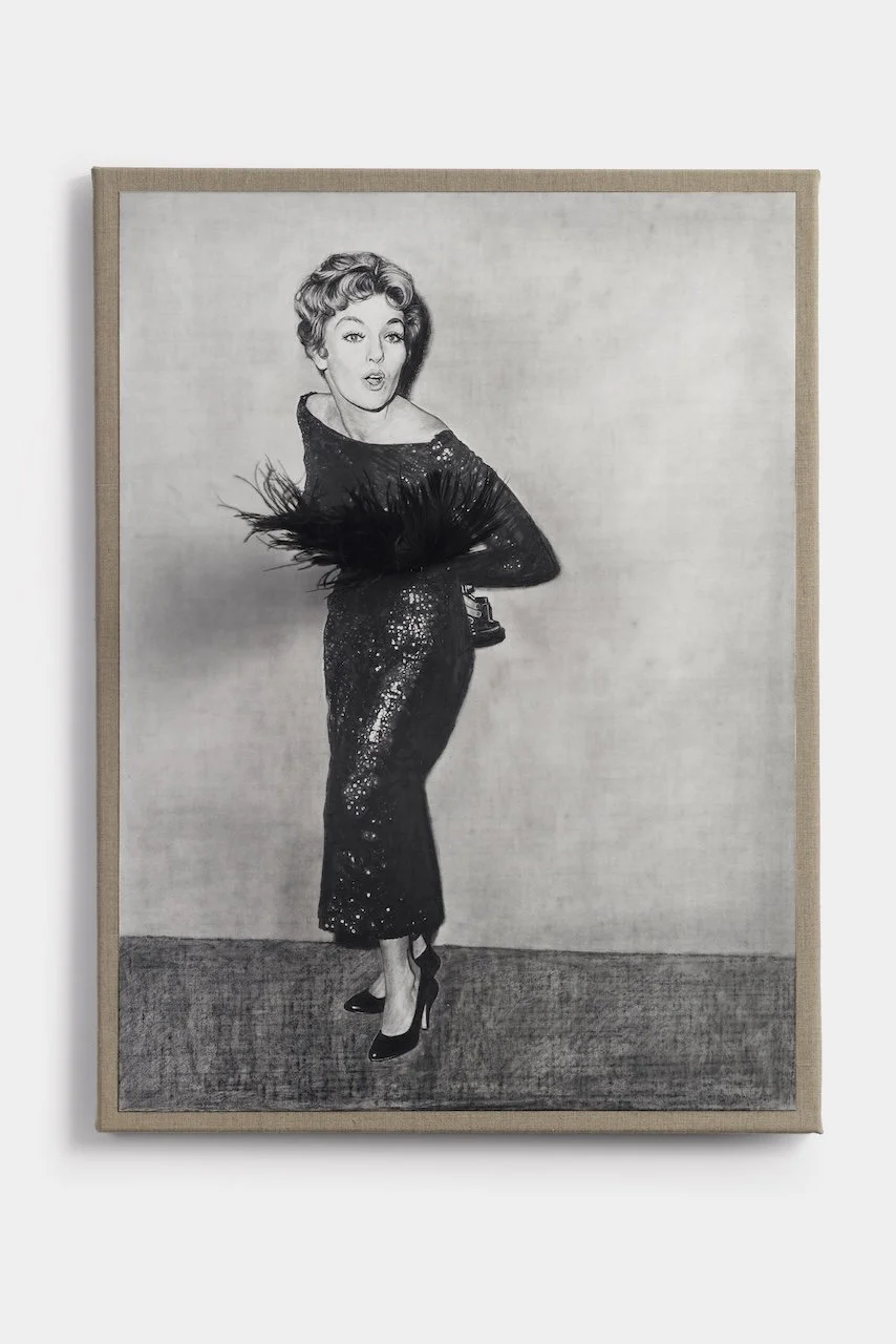 Fan Girl - Kim 
Pencil on paper on linen with eyelets and black ostrich feathers 
80 x 60 cm 
Nina Mae Fowler, 2026